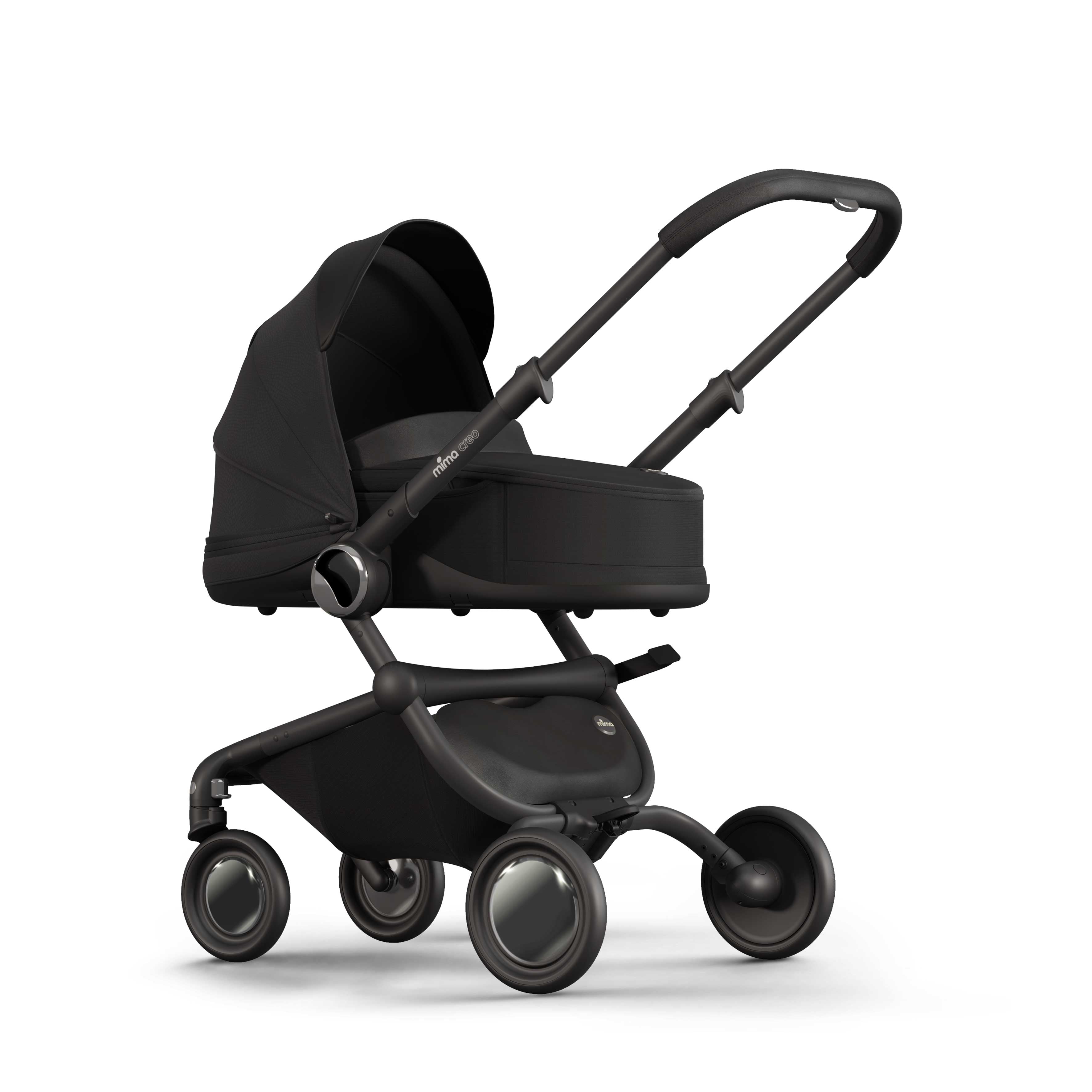 black mima creo bassinet accessory for newborns, compatible with mima creo stroller, left front view
