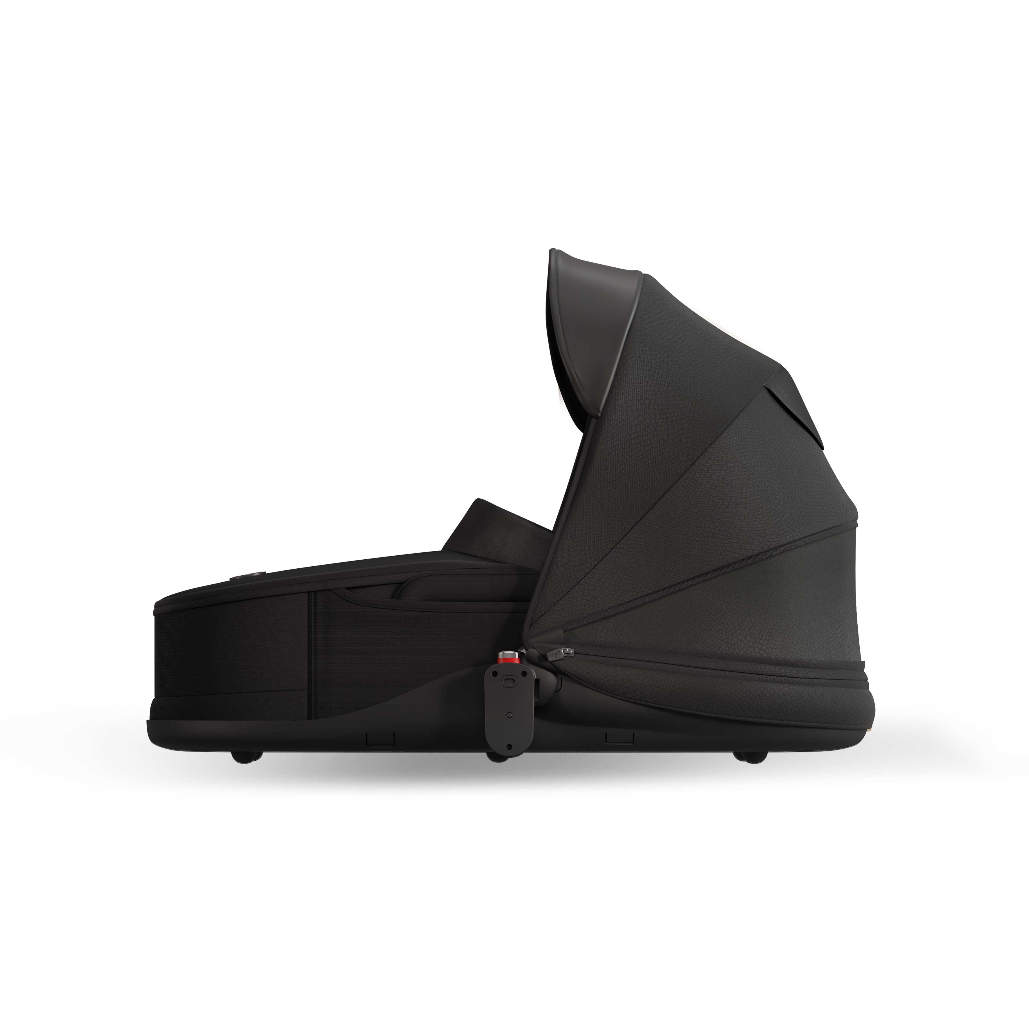 black mima creo bassinet accessory for newborns, standalone side view with shared canopy, compatible with mima creo stroller, side view