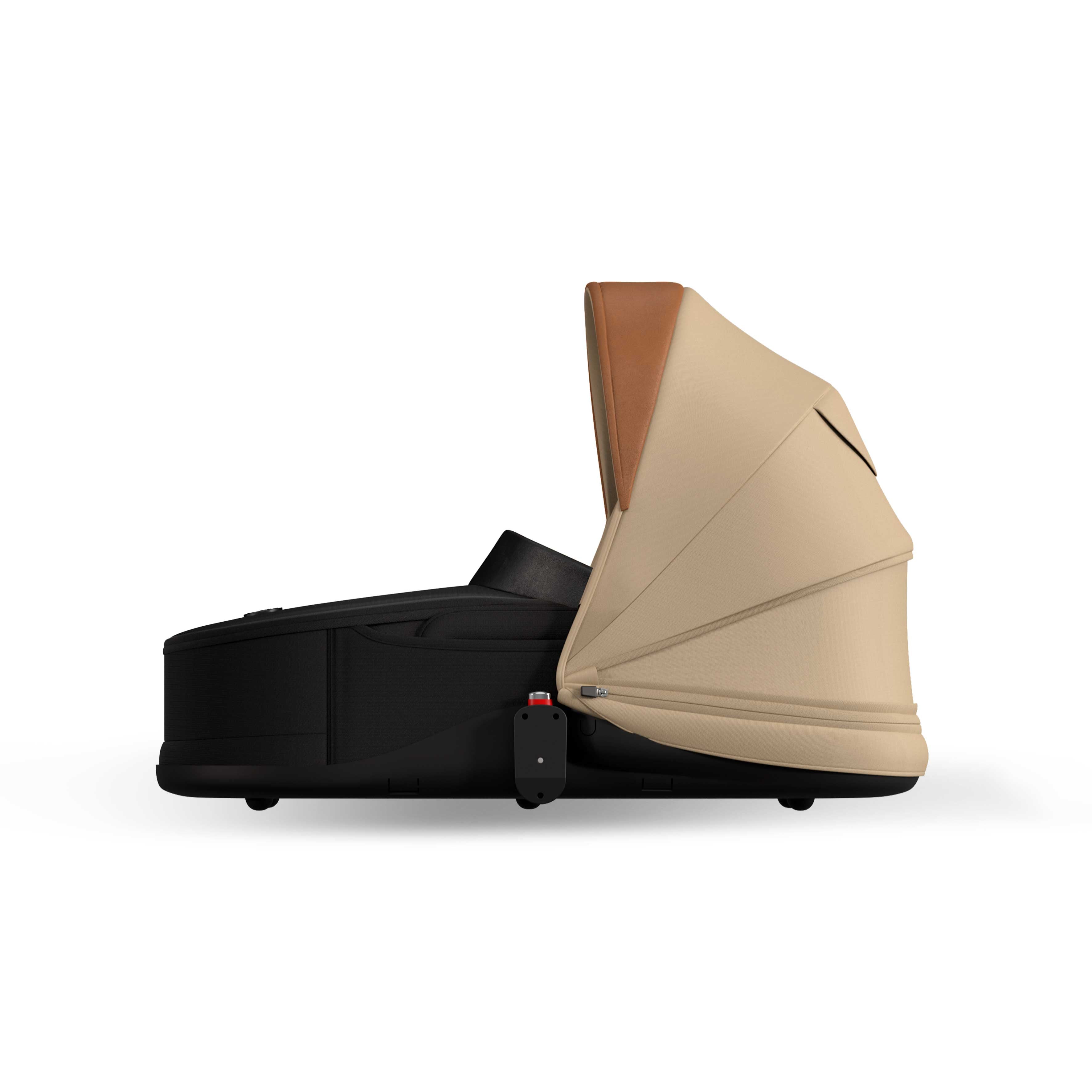mocha mima creo bassinet accessory for newborns, standalone side view with shared canopy, compatible with mima creo stroller, side view