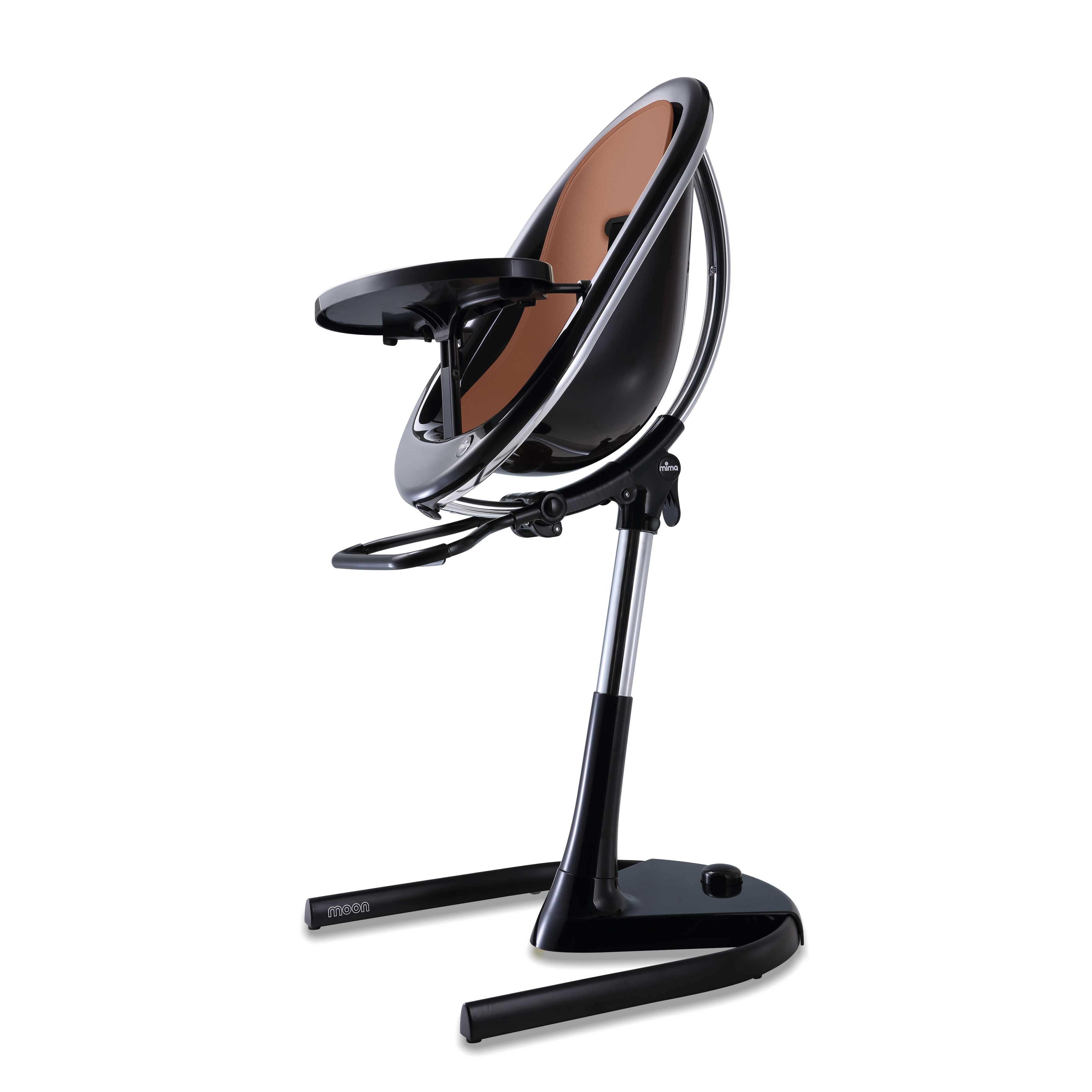 Black Mima Moon 2G high chair with camel seat pad, side view, modern with transparent back