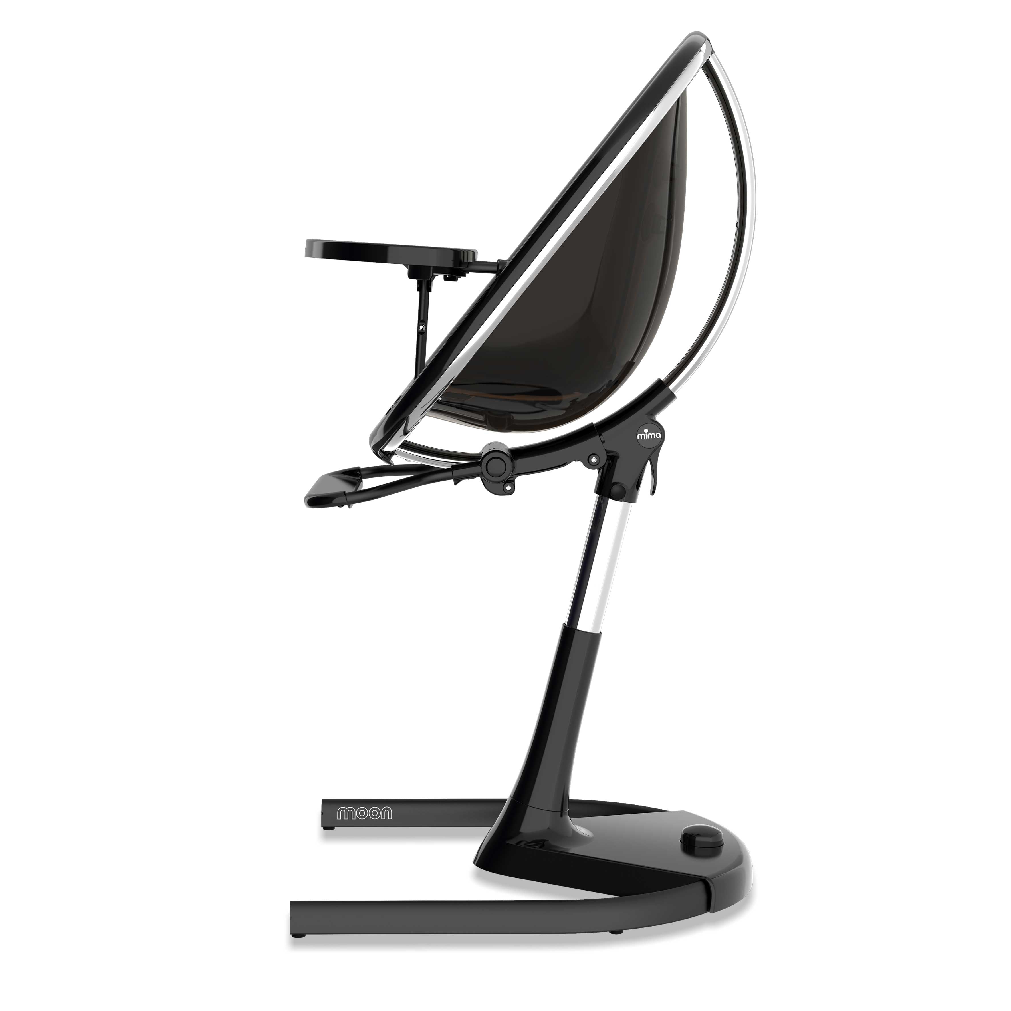 Black Mima Moon 2G high chair, side view, modern with transparent back