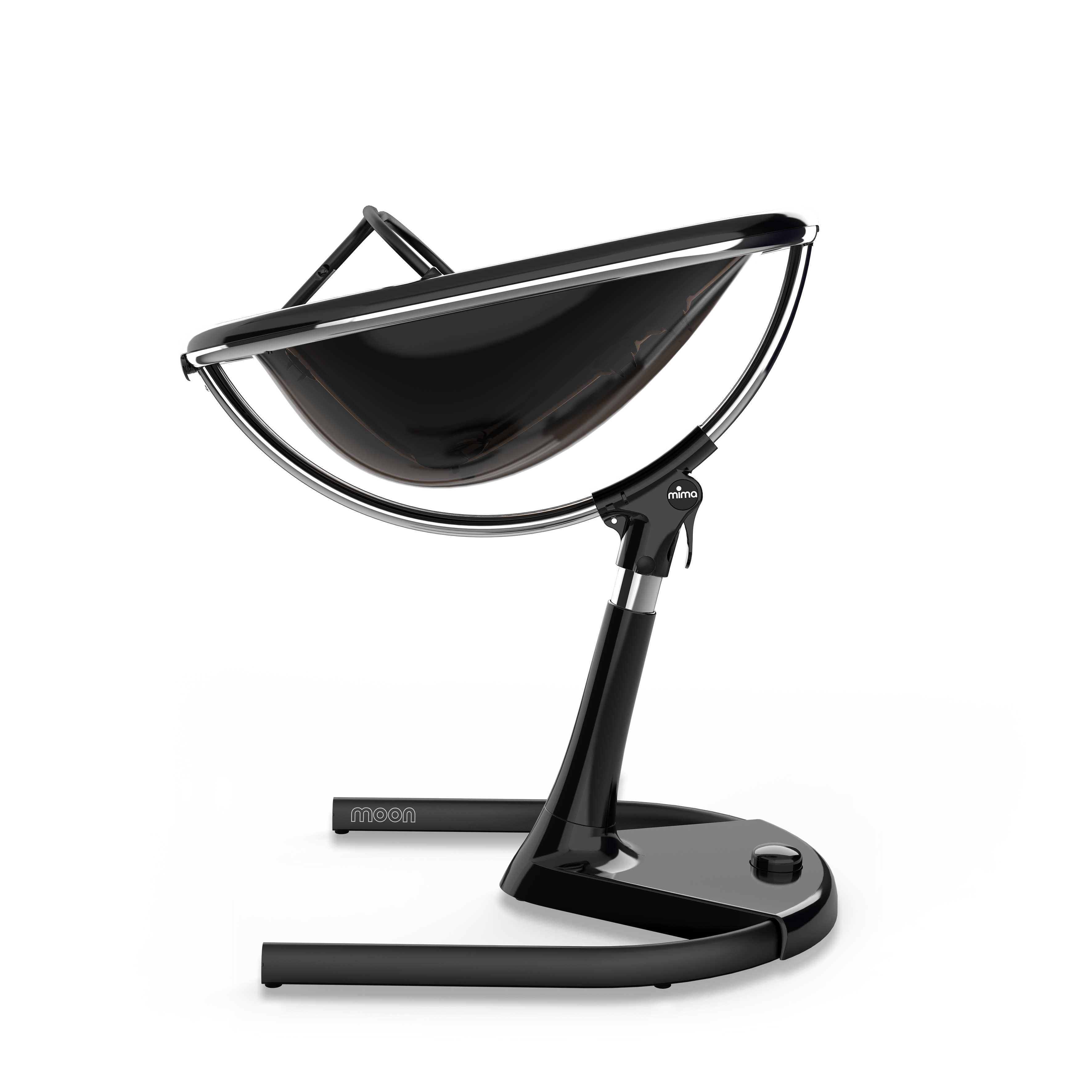 black Mima Moon 2G high chair in recline position for newborns, side view