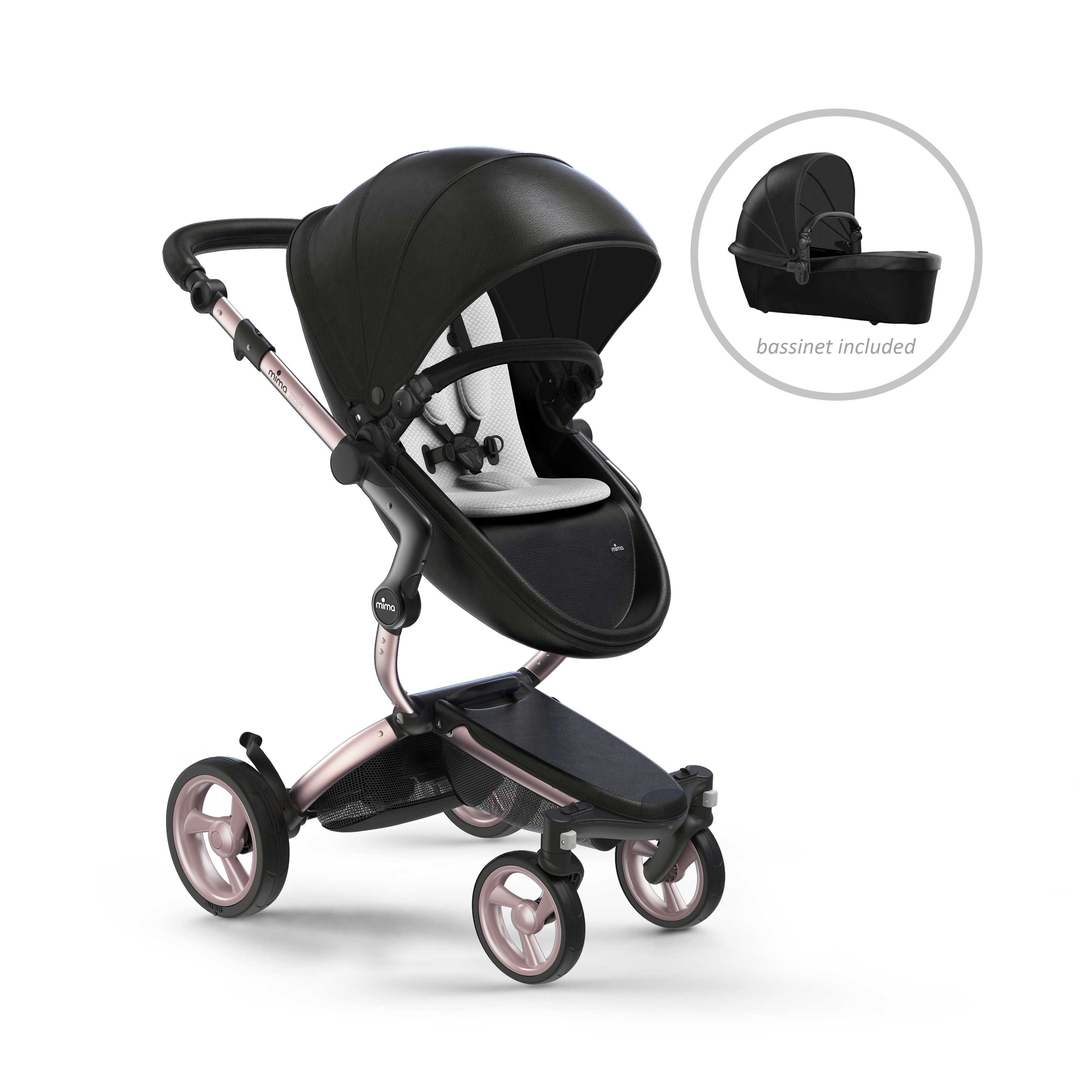 mima Xari stroller, in rose gold chassis, black seat and stone white seat pad, with bassinet included, left front view, 5-point harness for safety