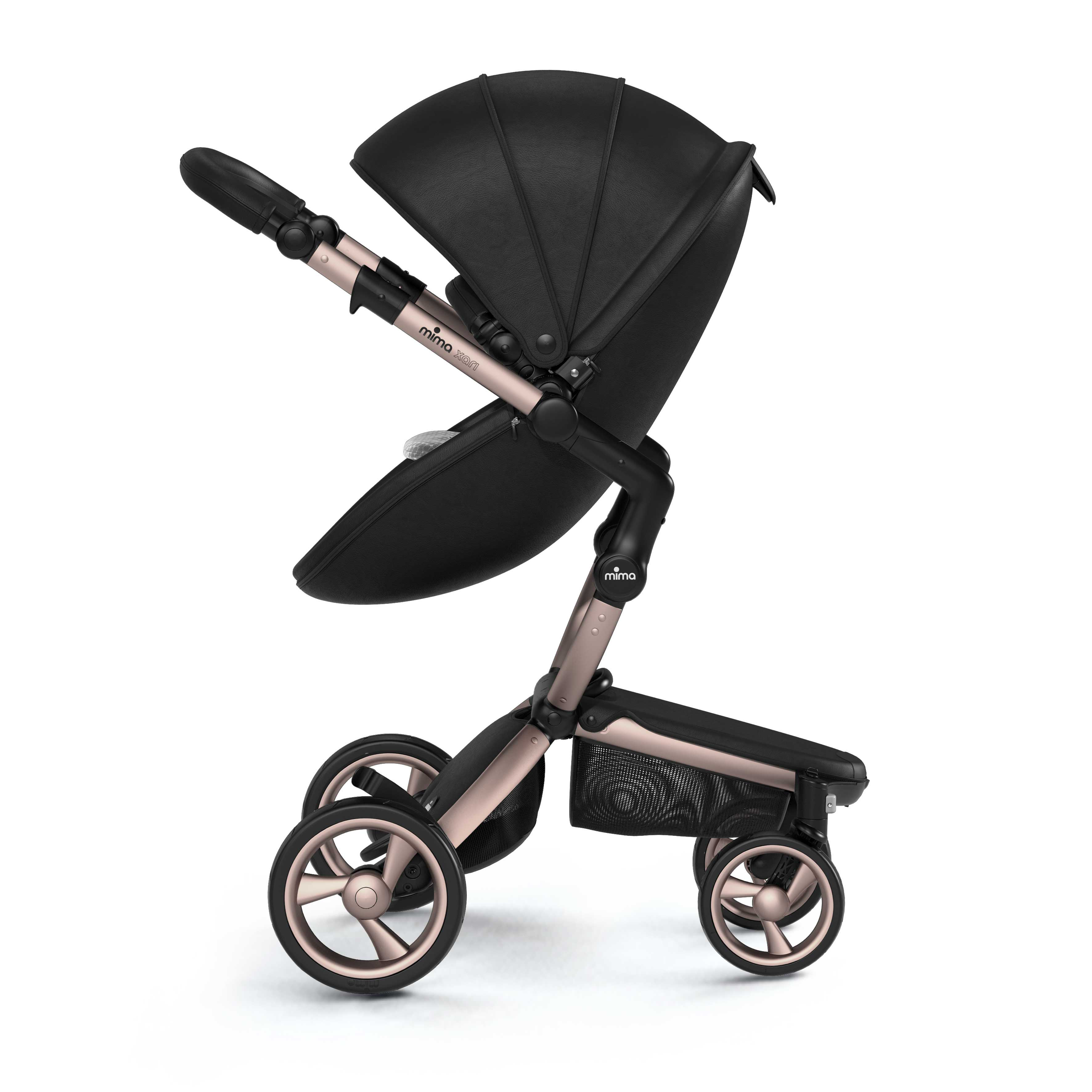 Mima Xari stroller with a rose gold chassis, black seat, and stone white seat pad, featuring a canopy and a side view, facing parents, offering stylish and adjustable comfort.