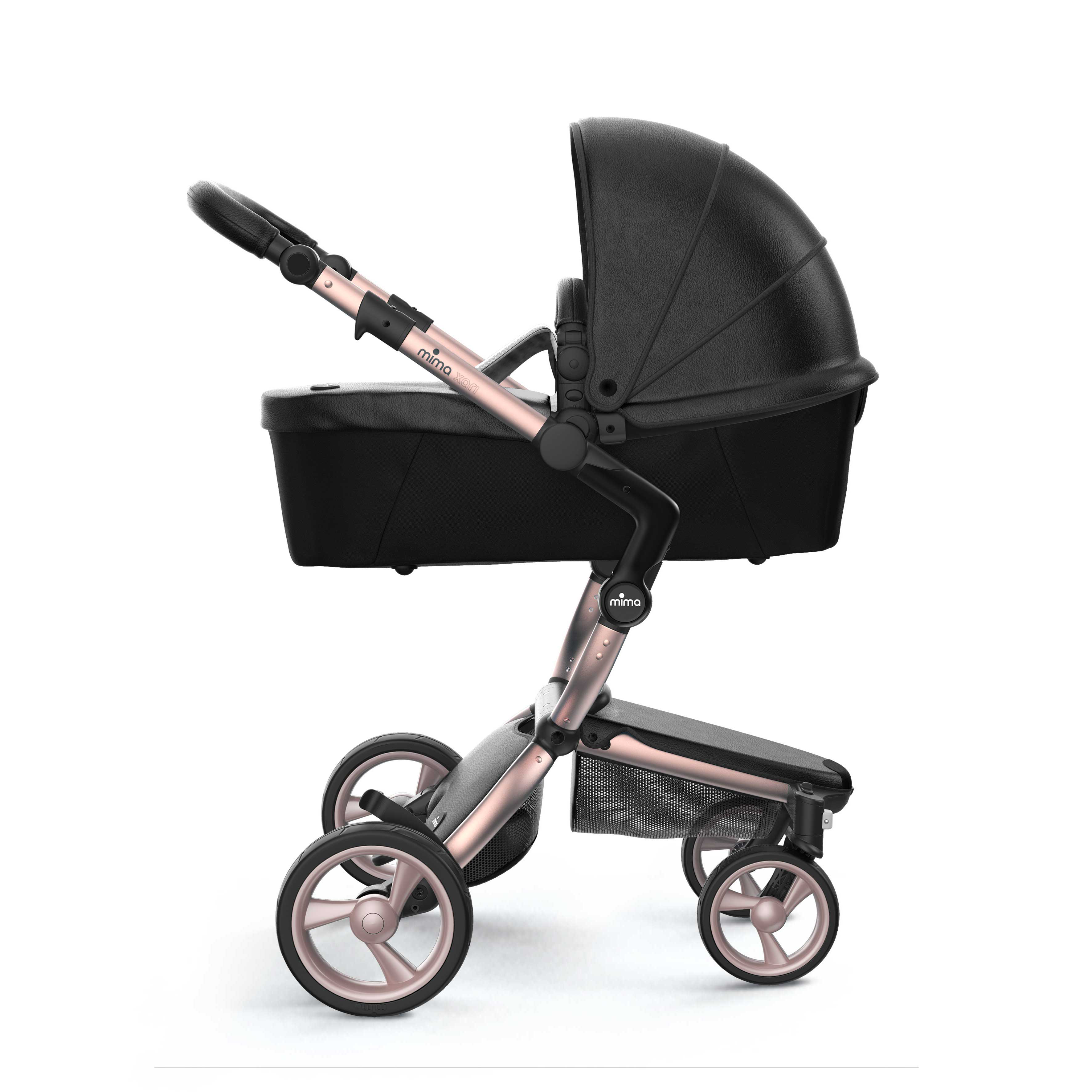 mima Xari stroller with bassinet, in rose gold chassis and stone white starter pack, side view, durable with ample storage