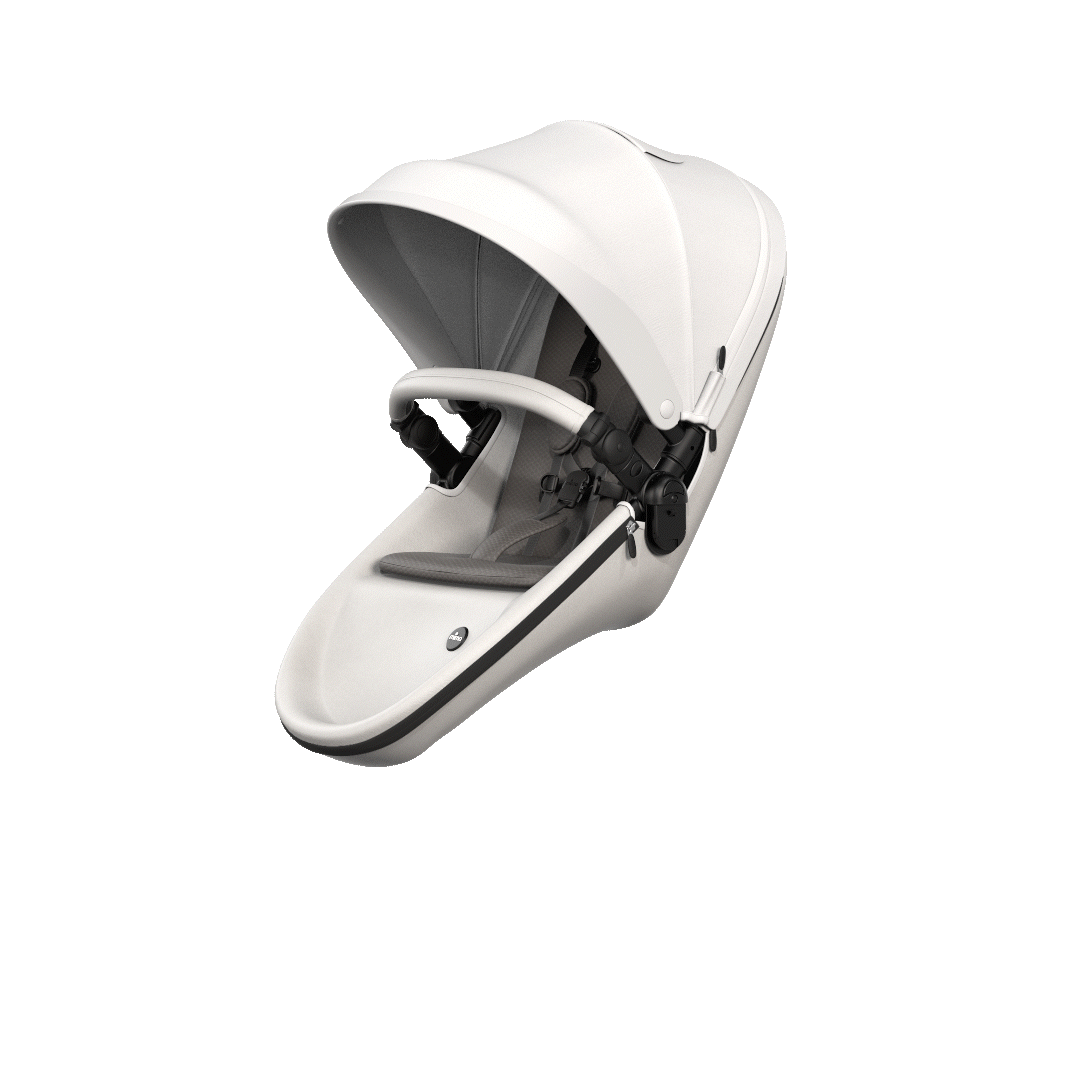 Snow White Mima Xari Max stroller seat unit, right front to side view angle demonstration