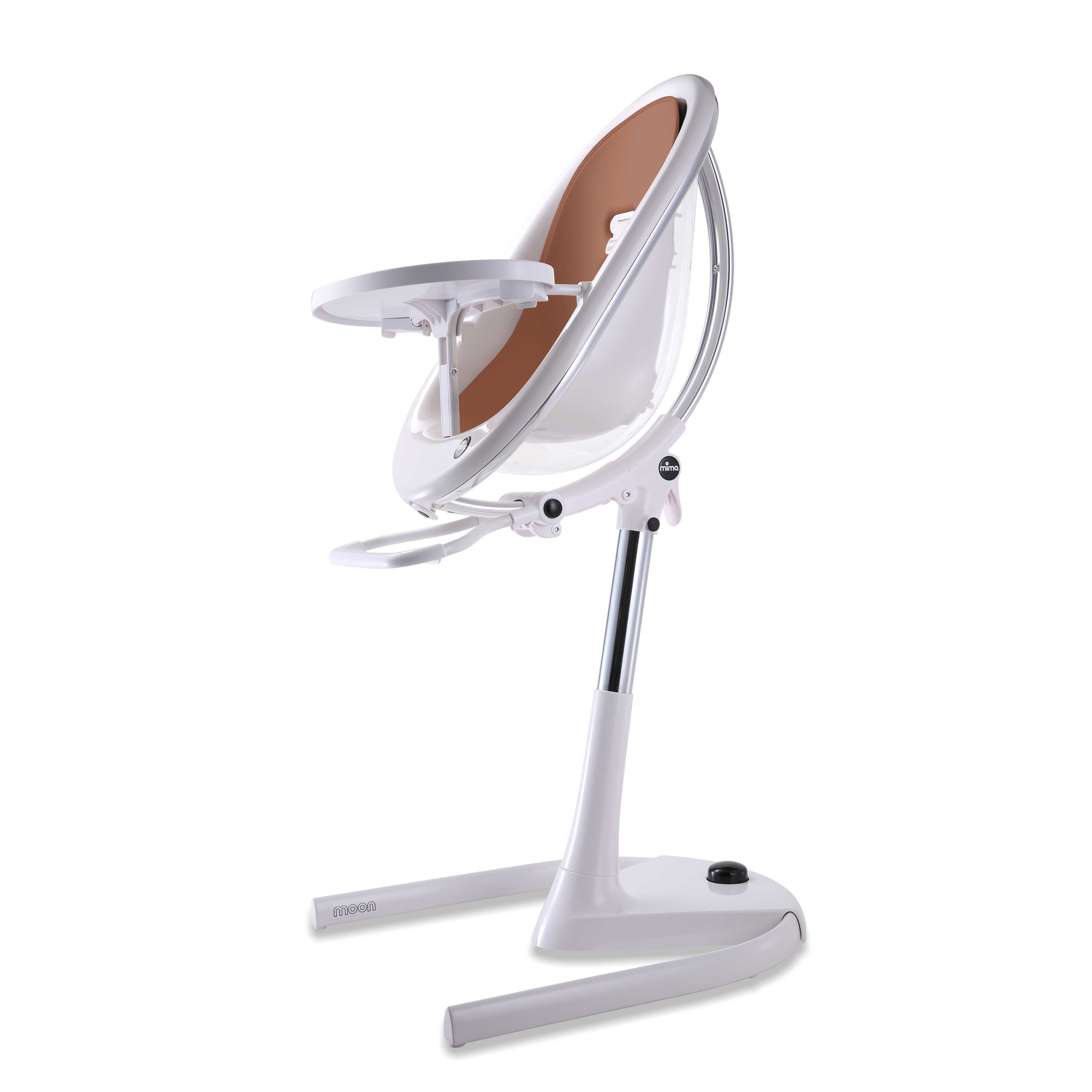 White Mima Moon 2G high chair with camel seat pad, side view, modern with transparent back