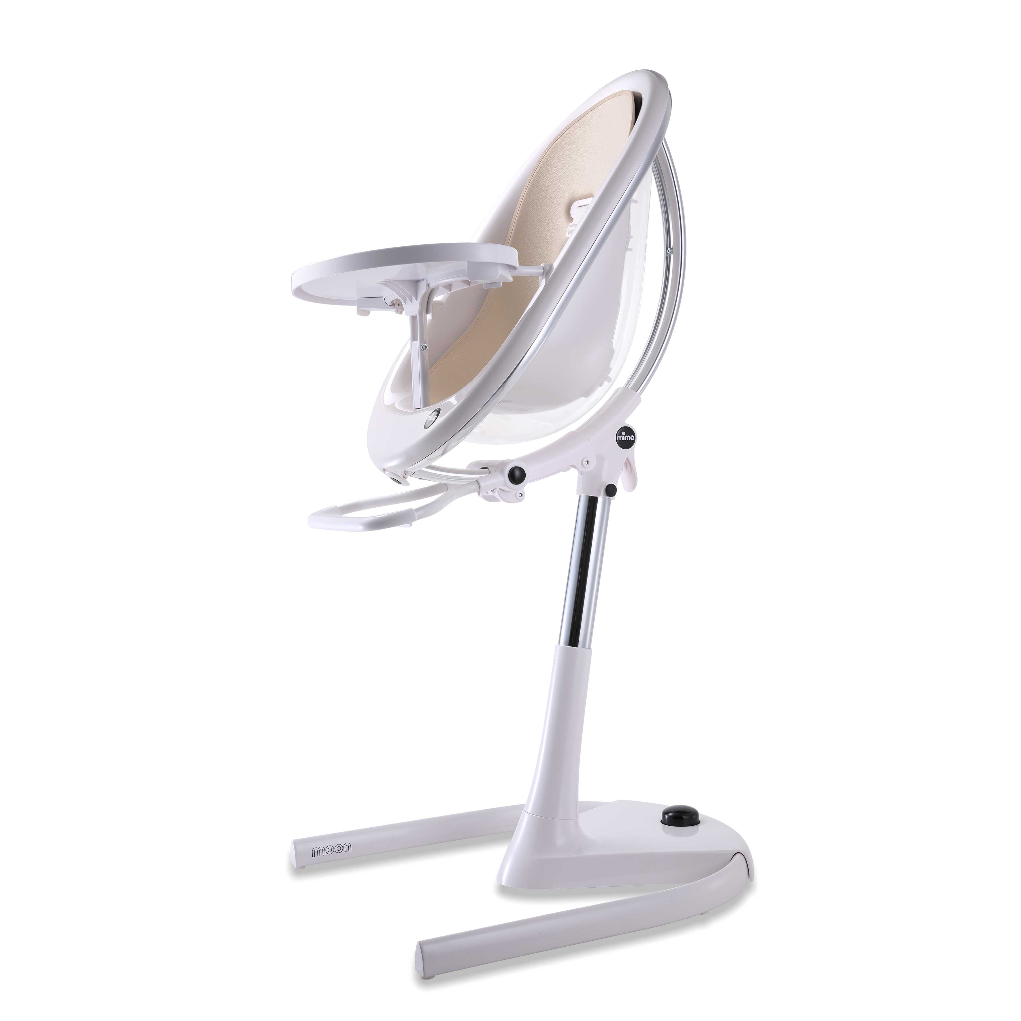 White Mima Moon 2G high chair with champagne seat pad, side view, modern with transparent back