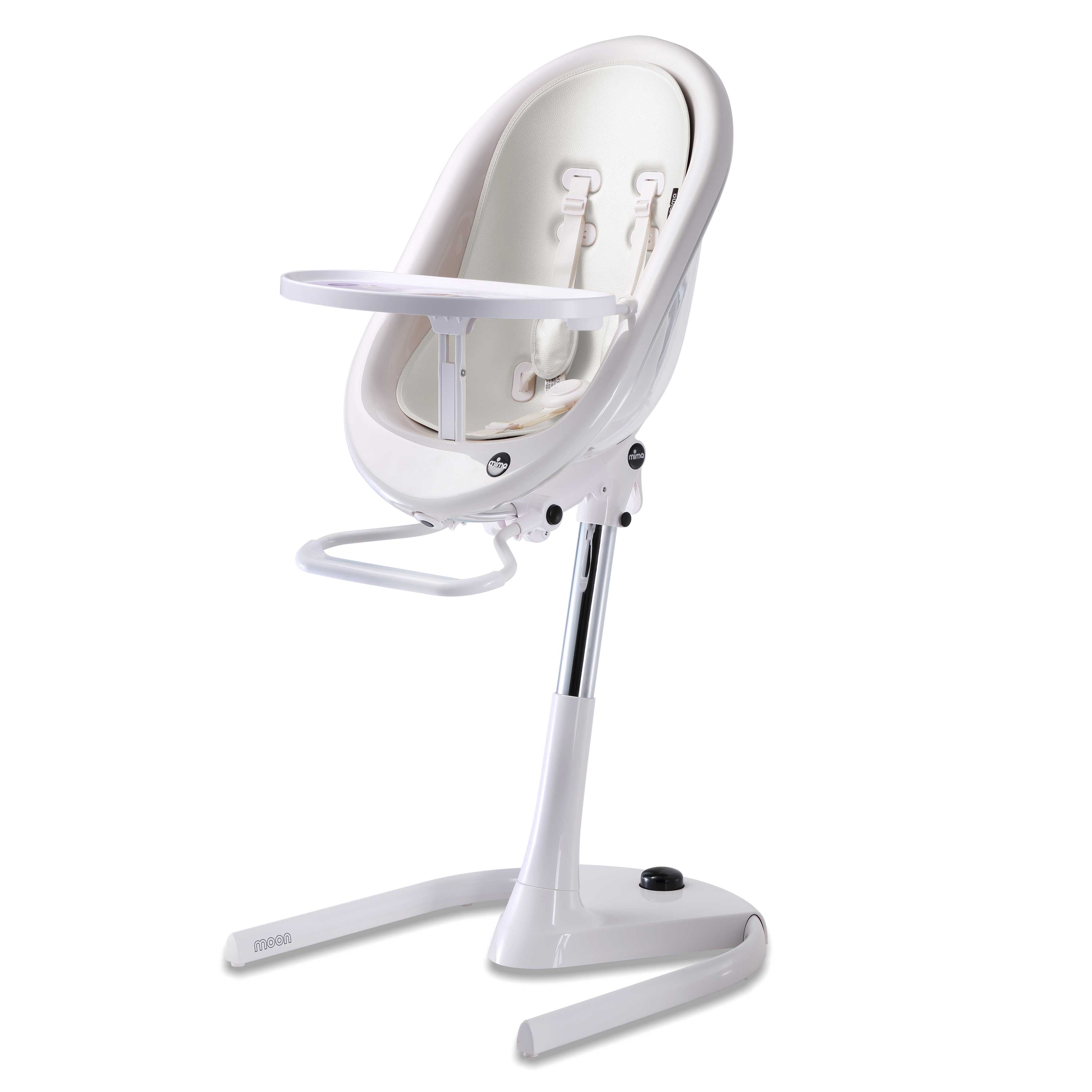 White Mima Moon 2G high chair at max height, with snow white seat pad, tray, harness and adjustable footrest, right-front view