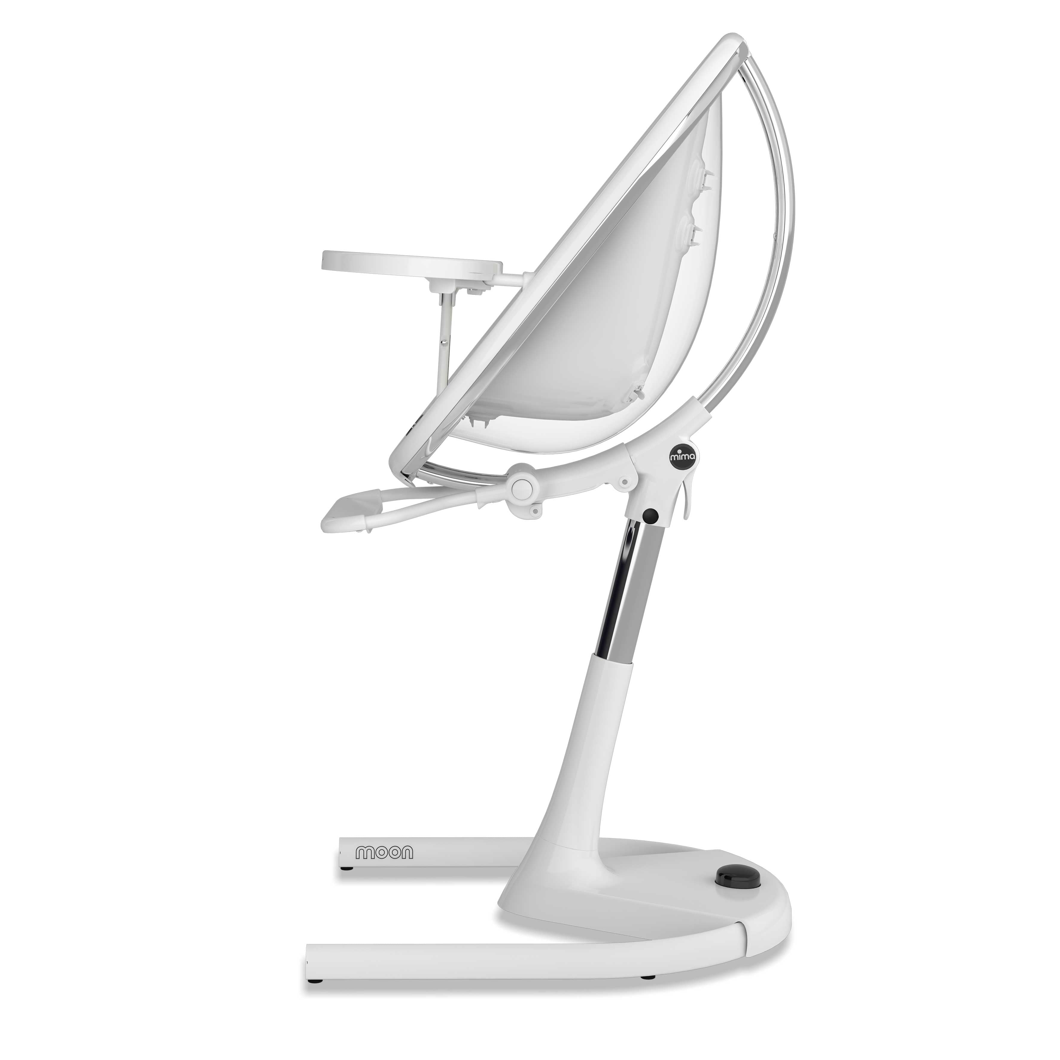 White Mima Moon 2G high chair, side view, modern with transparent back