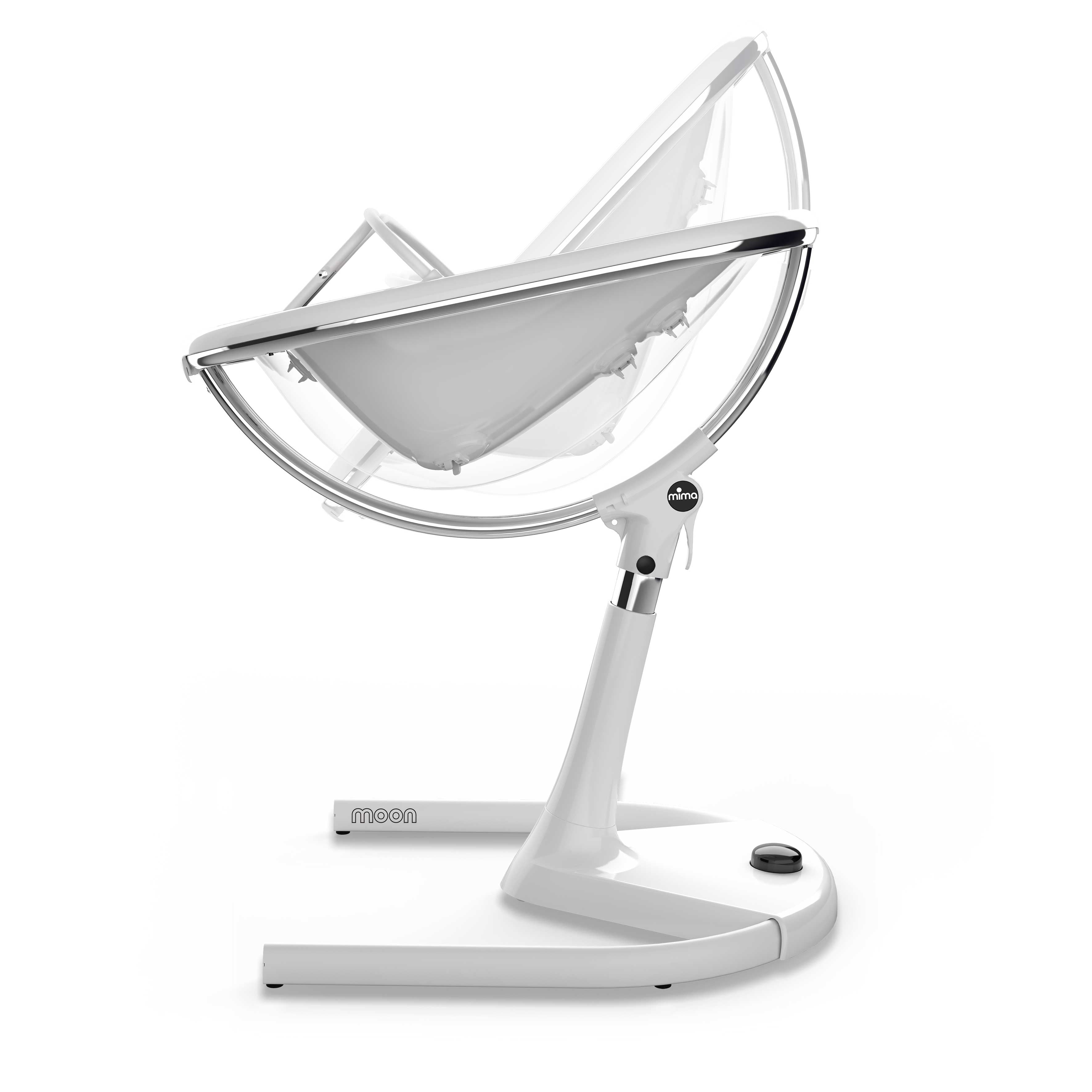 White Mima Moon 2G high chair in recline position for newborns, convertible to high chair mode
