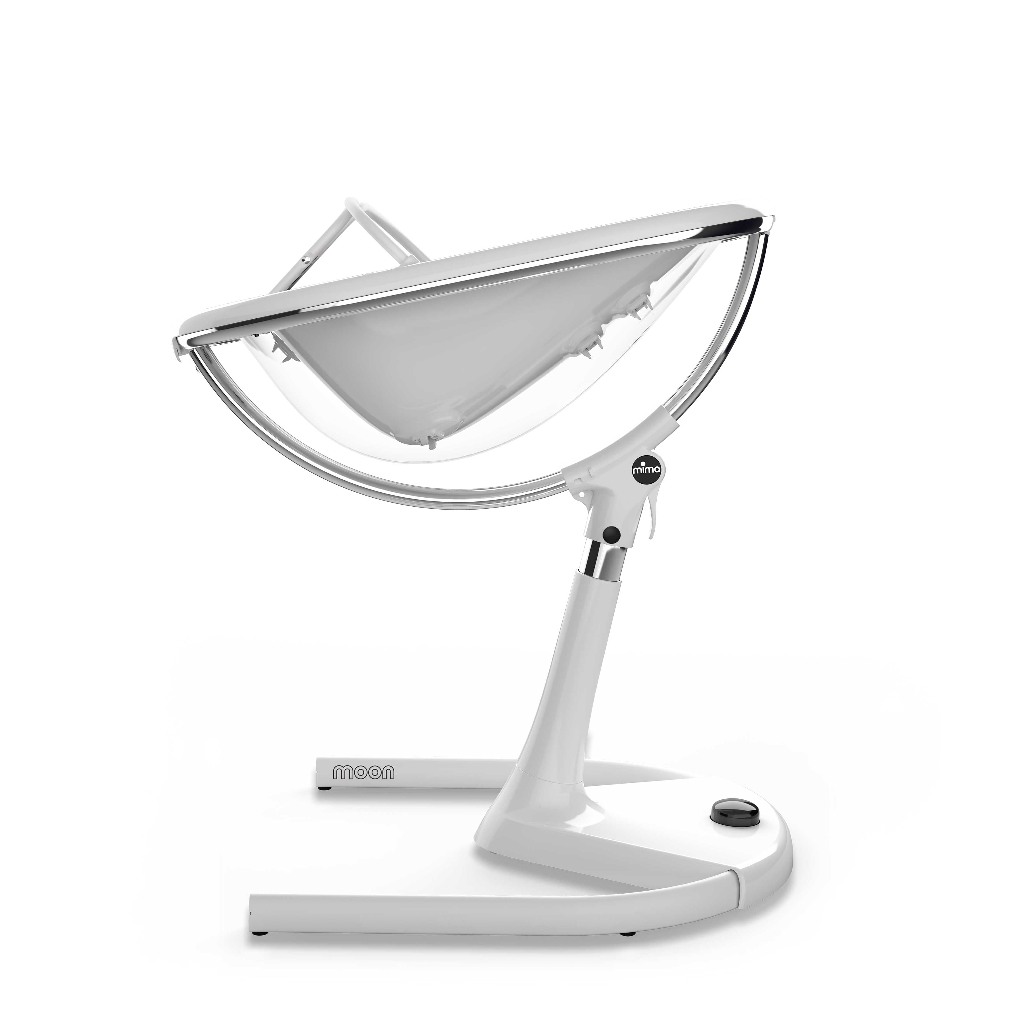 White Mima Moon 2G high chair in recline position for newborns, side view