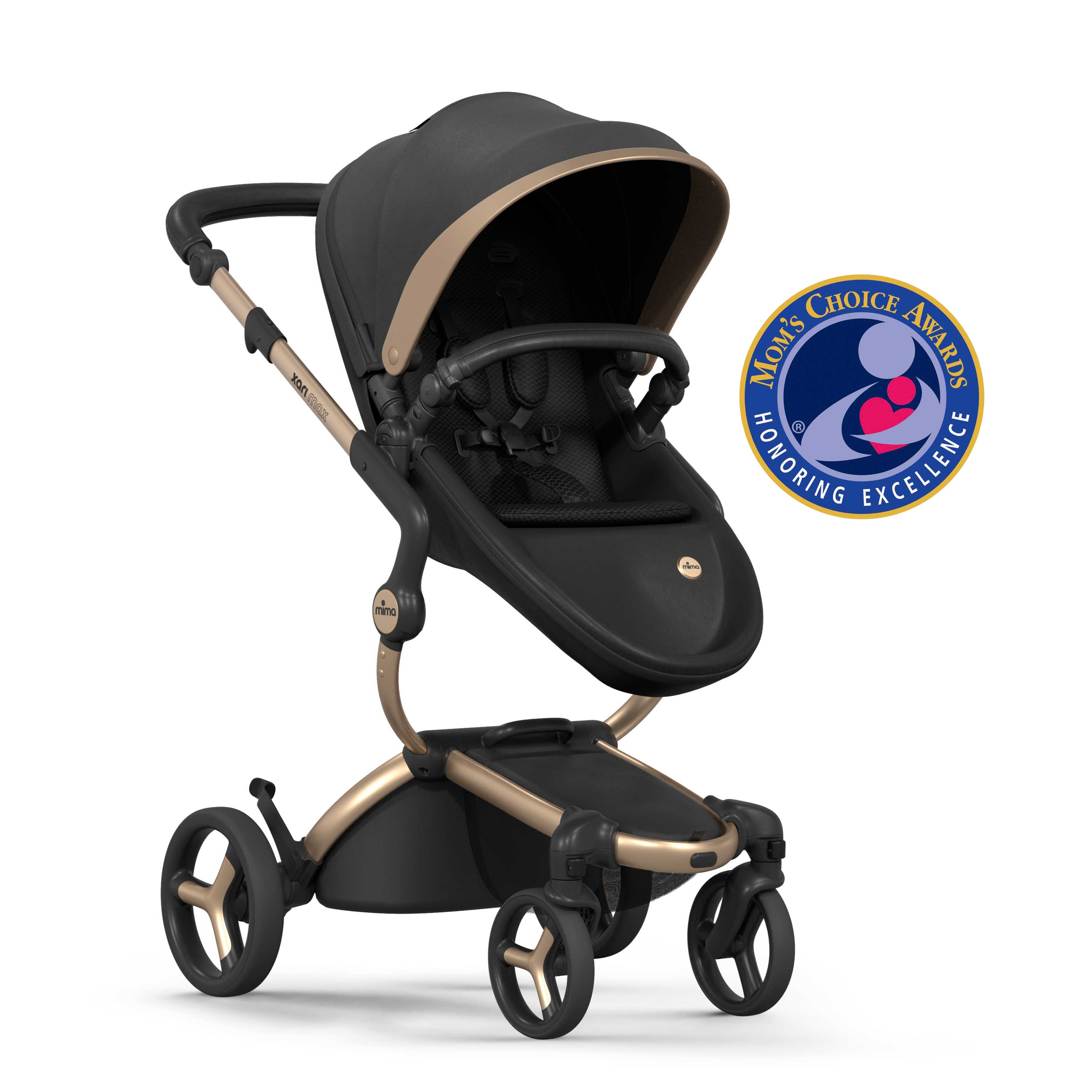 mima® xari max Black & Gold Special Edition stroller with canopy and safety bar, left front-angle view, Mom&