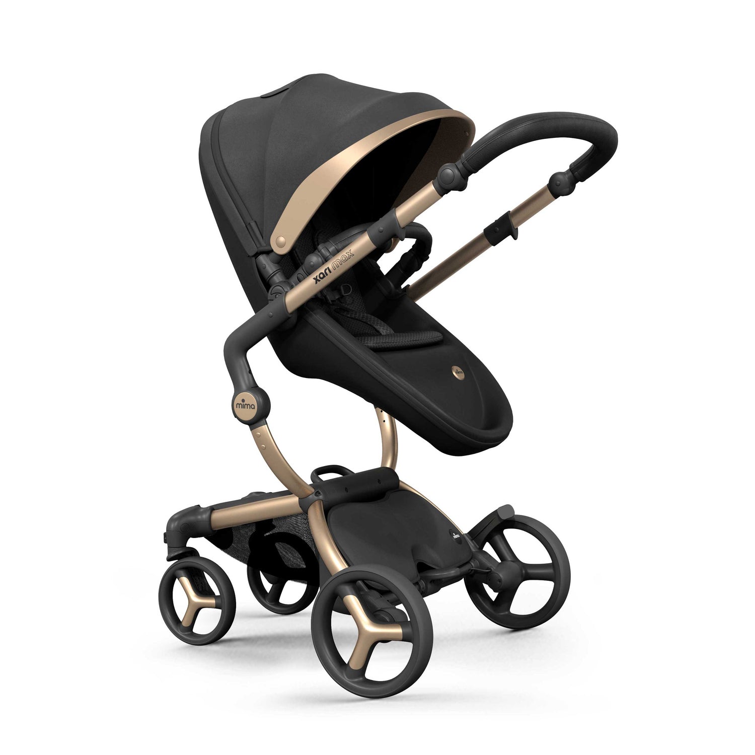 mima® xari max Black & Gold Special Edition, with canopy and safety bar, facing parents, left front-angle view, Mom's Choice Awards Honoring Excellence winner