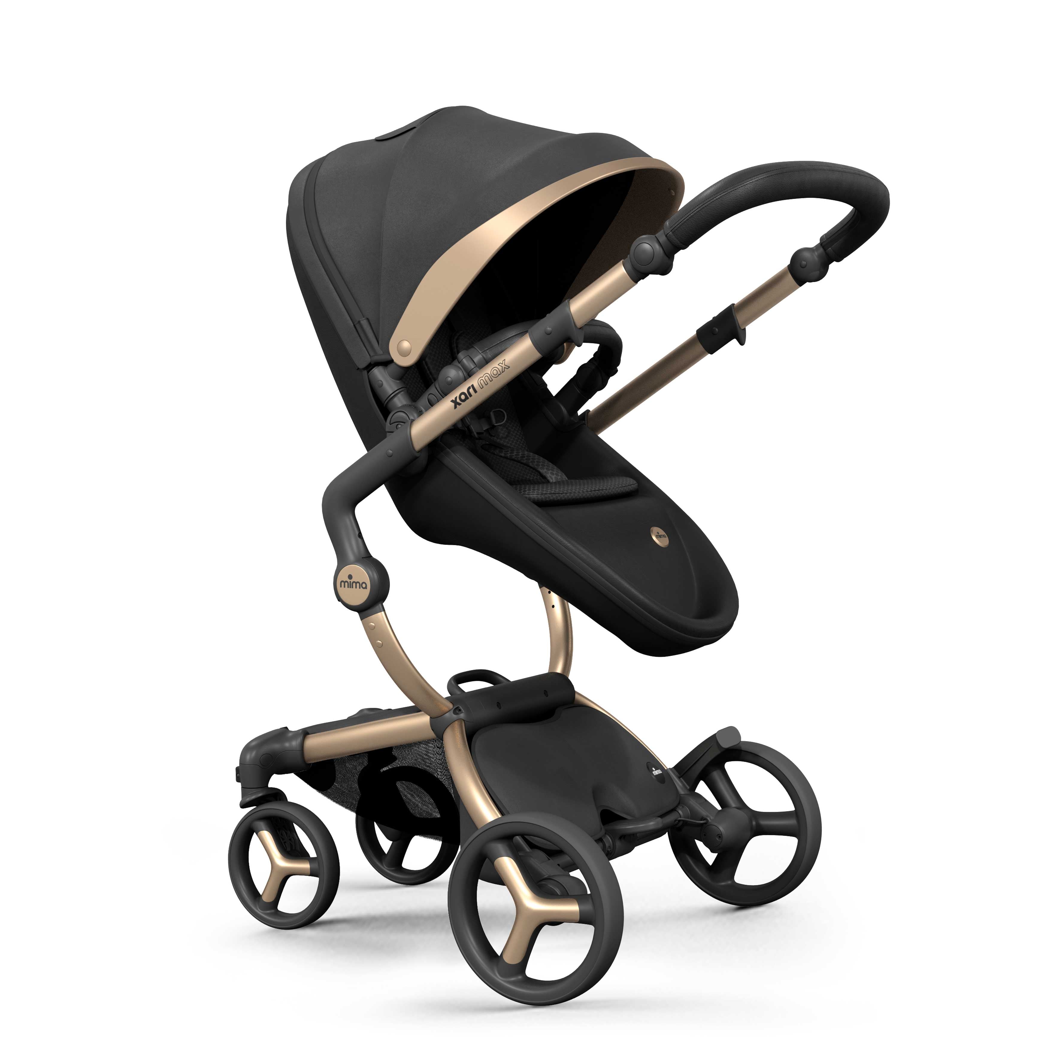 mima® xari max Black & Gold Special Edition, with canopy and safety bar, facing parents, left front-angle view, Mom&
