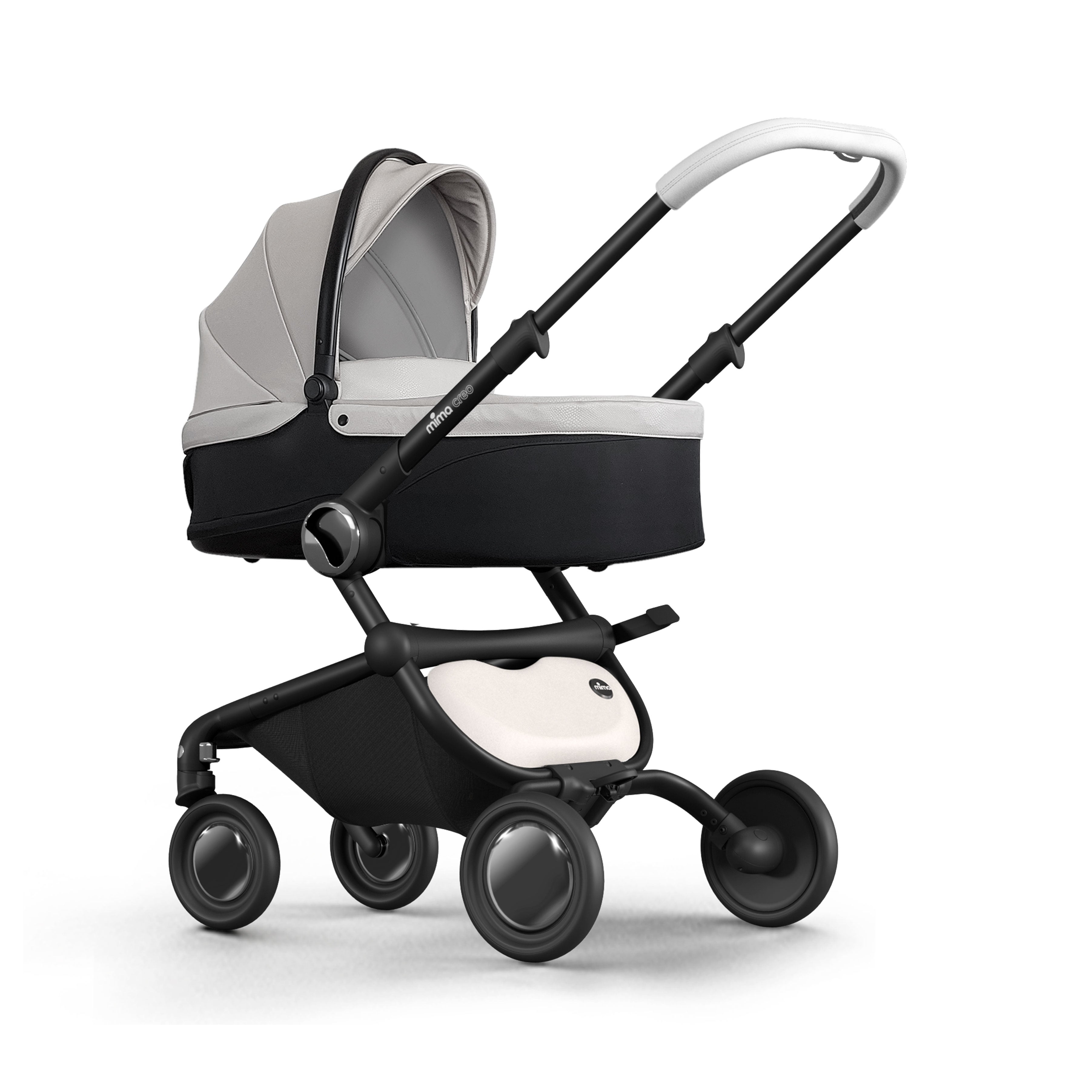 mima creo white bassinet accessory for newborn, compatible with mima creo stroller, left front view