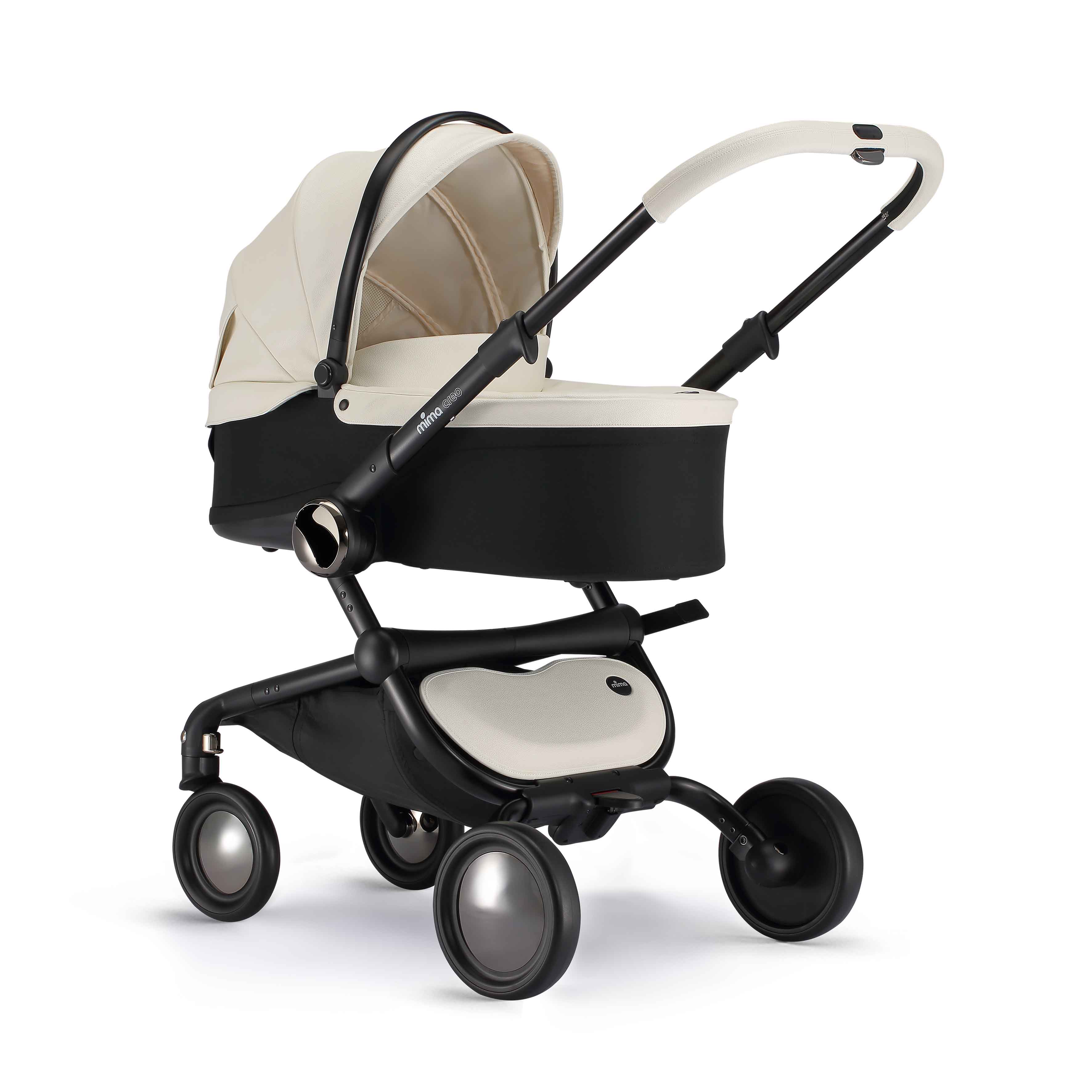mima creo white bassinet accessory for newborn, compatible with mima creo stroller, left front view
