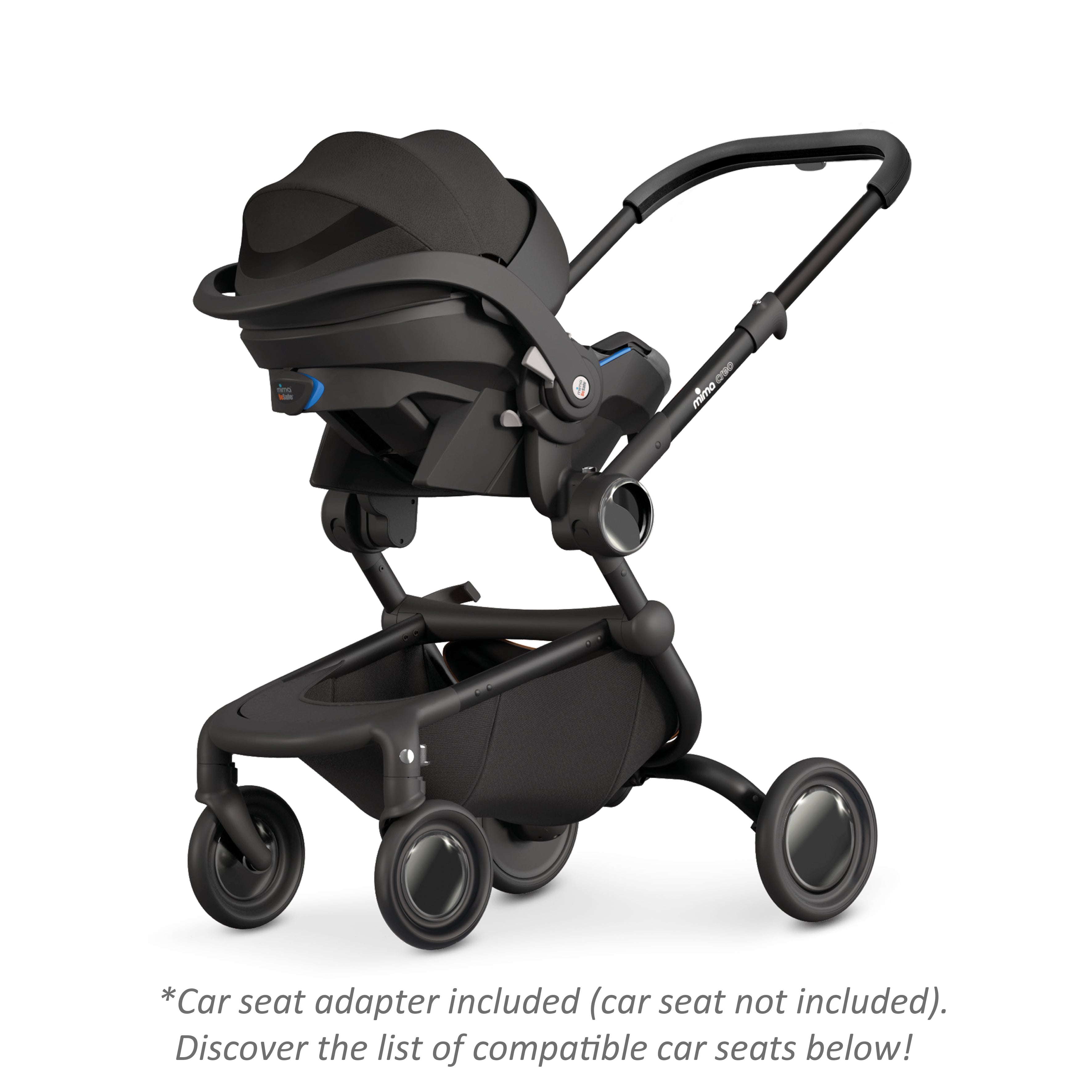 mima creo stroller in black with an attached infant car seat, facing parents