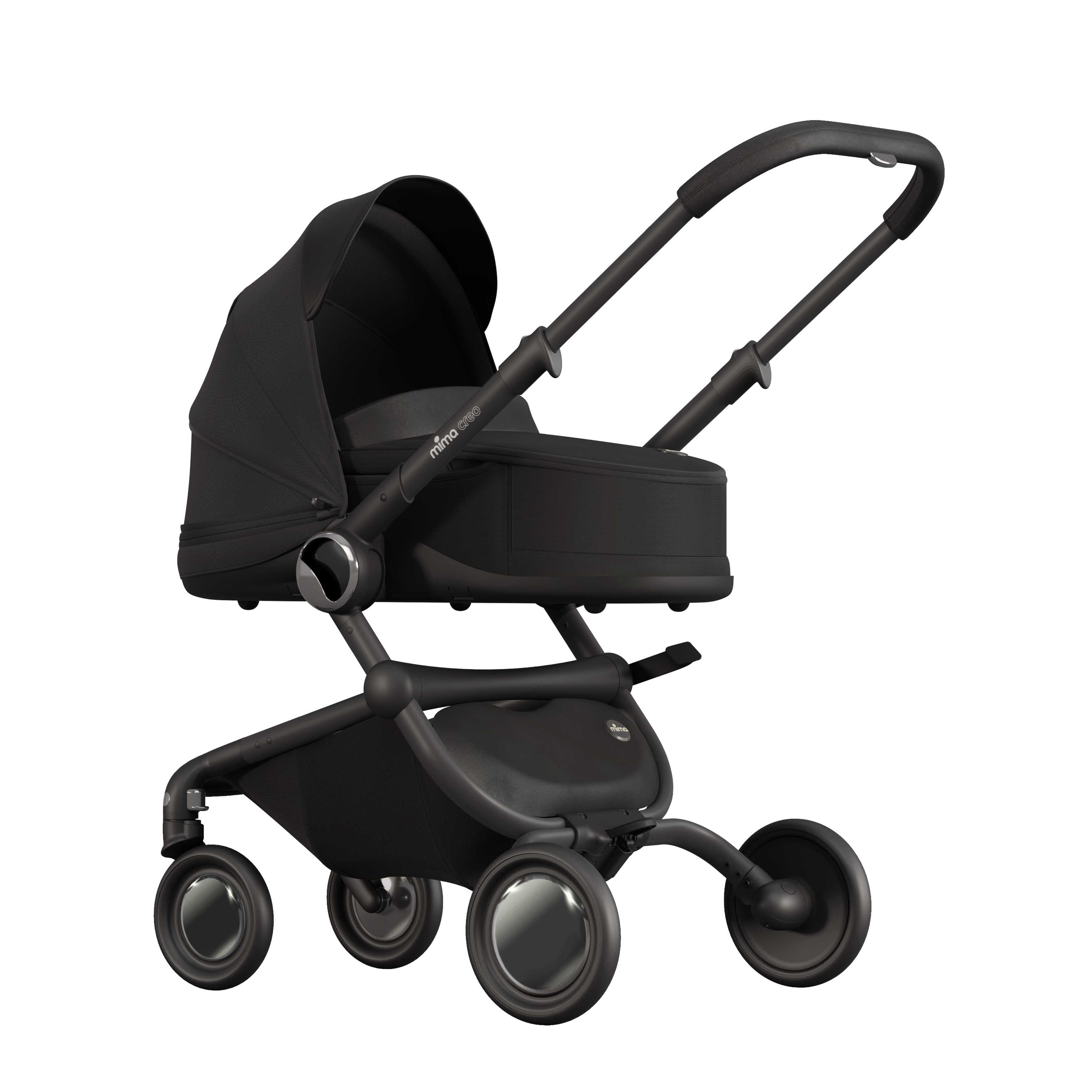 black mima creo bassinet accessory for newborns, compatible with mima creo stroller, left front view