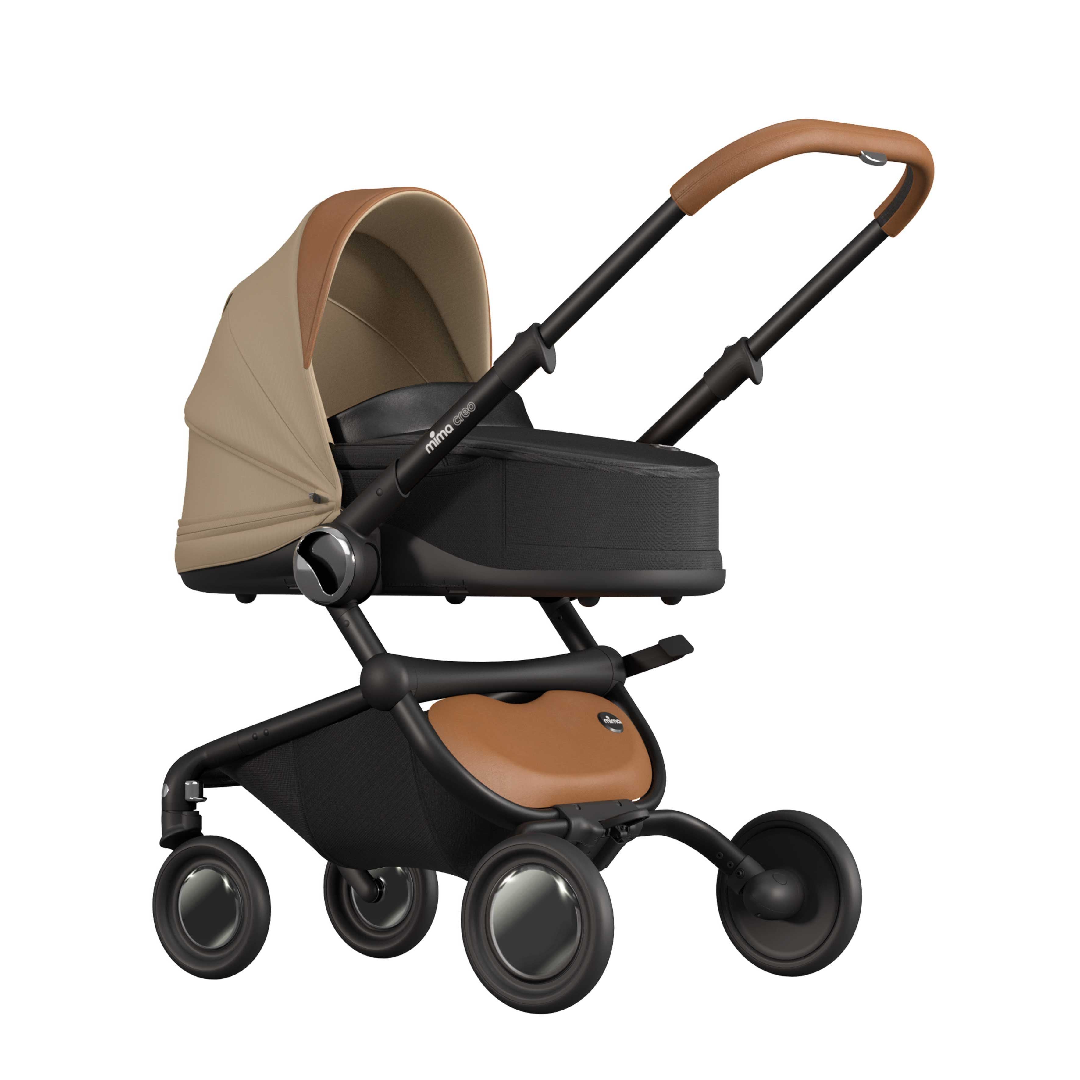 mocha mima creo bassinet accessory for newborns, compatible with mima creo stroller, left front view