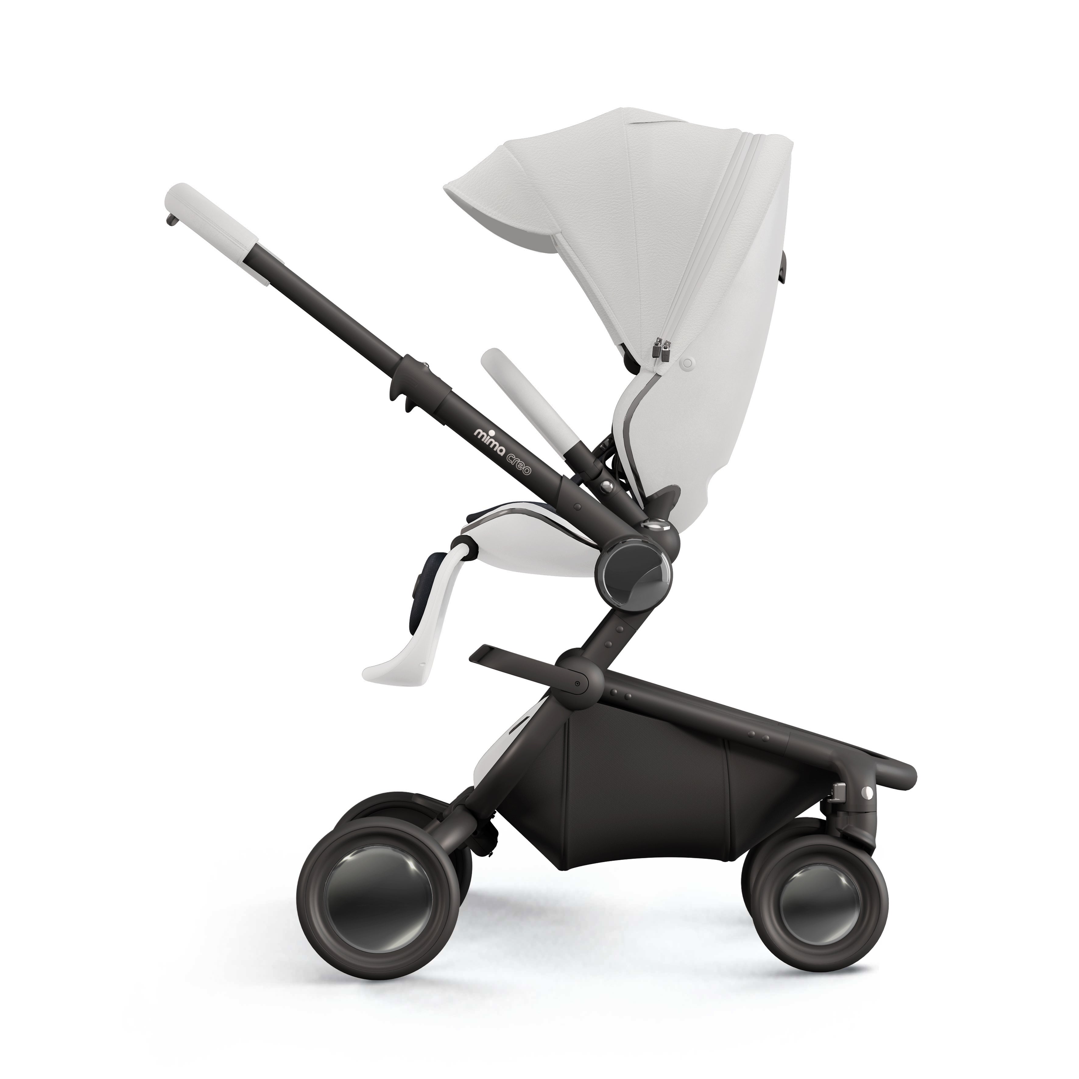mima creo stroller in white with canopy and safety bar, side view, facing parents