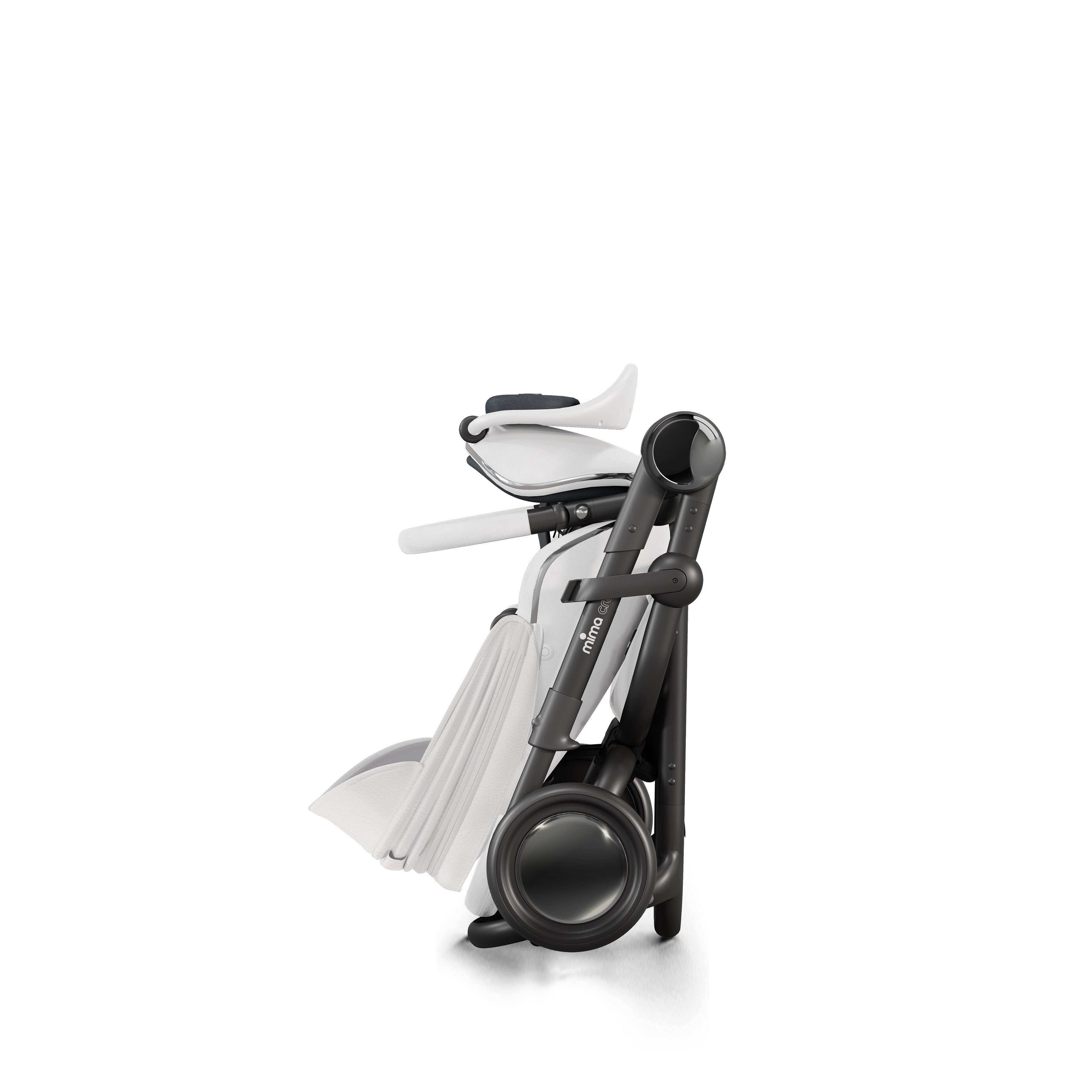 mima creo stroller in white, shown fully folded in a compact, upright position
