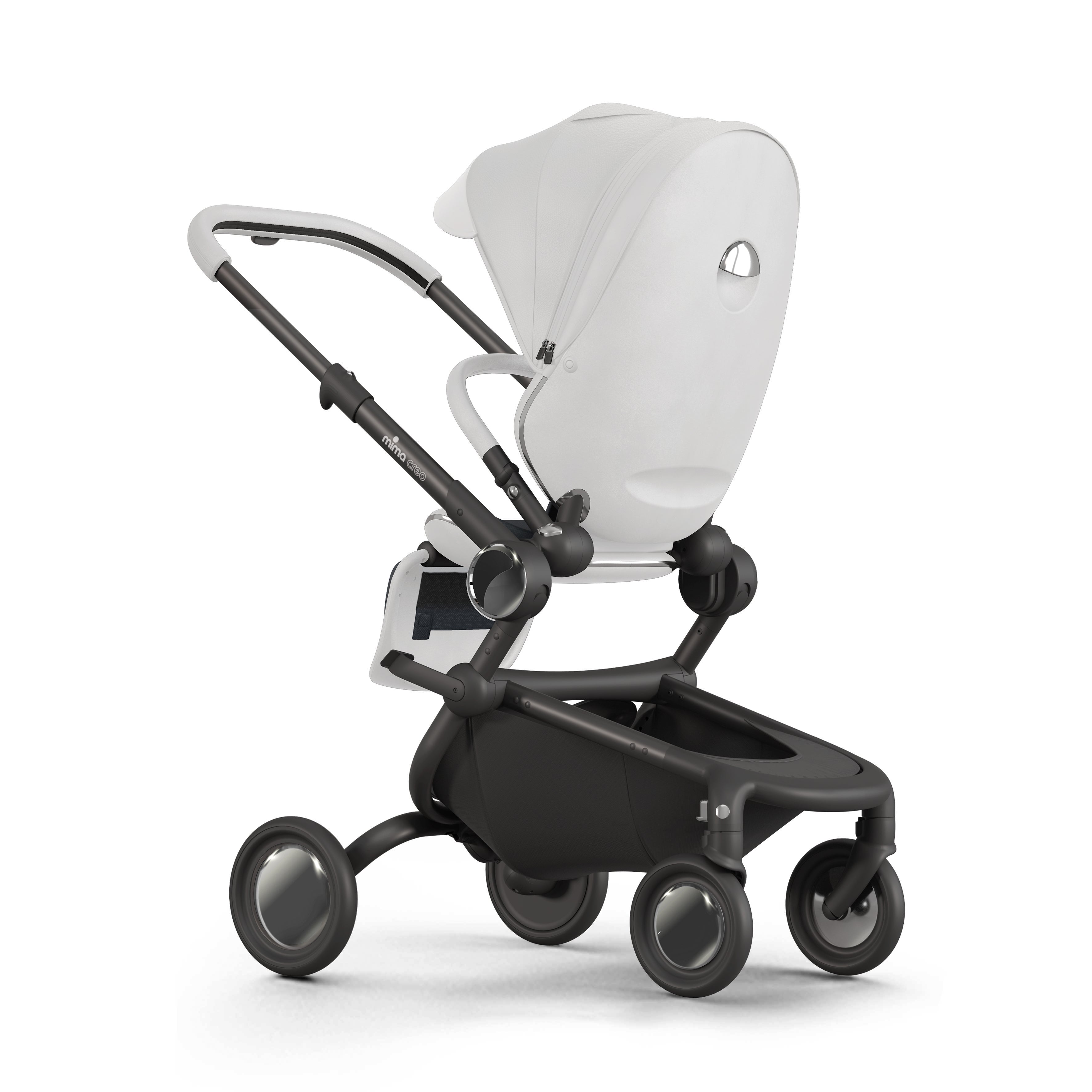 mima creo stroller in white with canopy and safety bar, rear view showing storage basket, facing parents