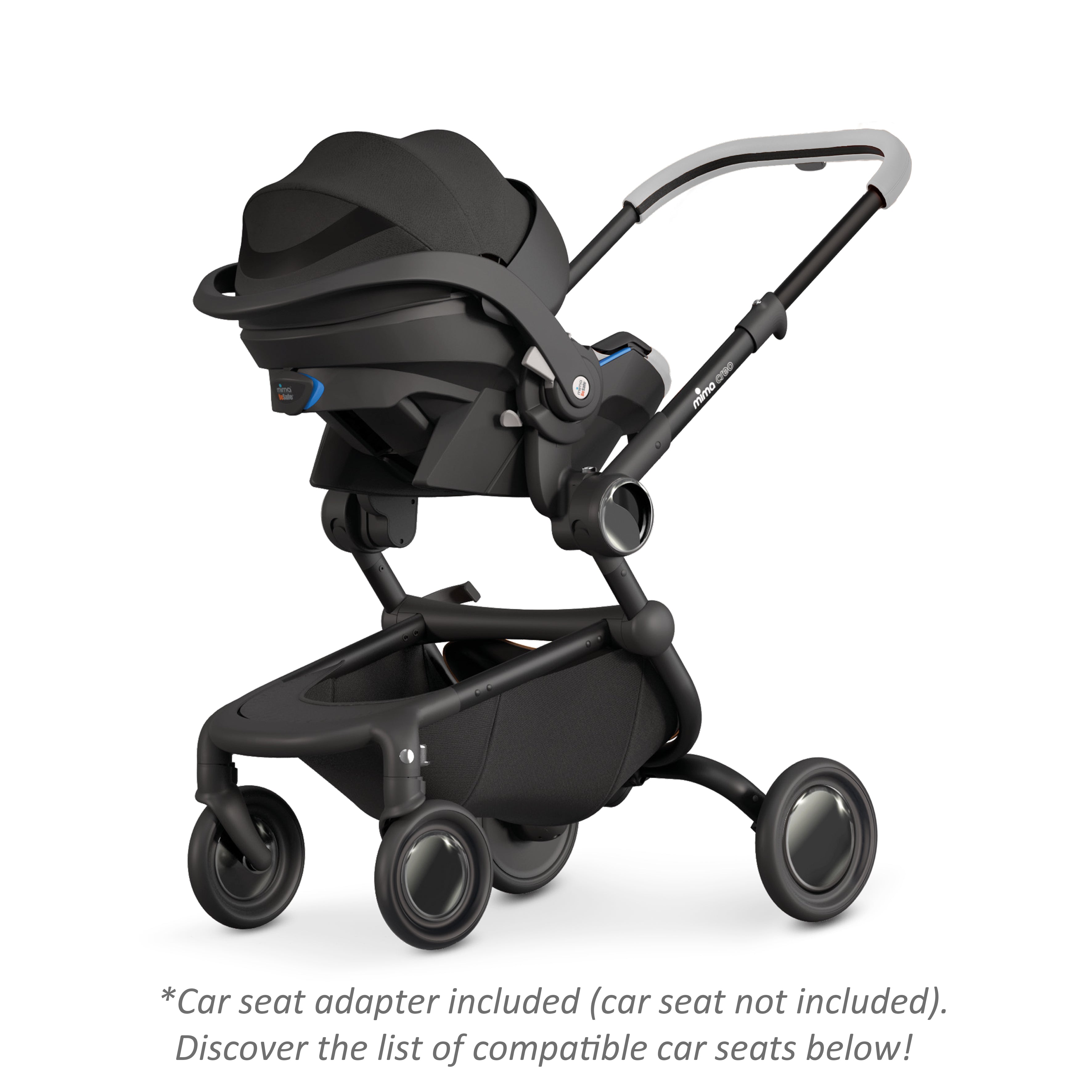 mima creo stroller in white with an attached infant car seat, facing parents