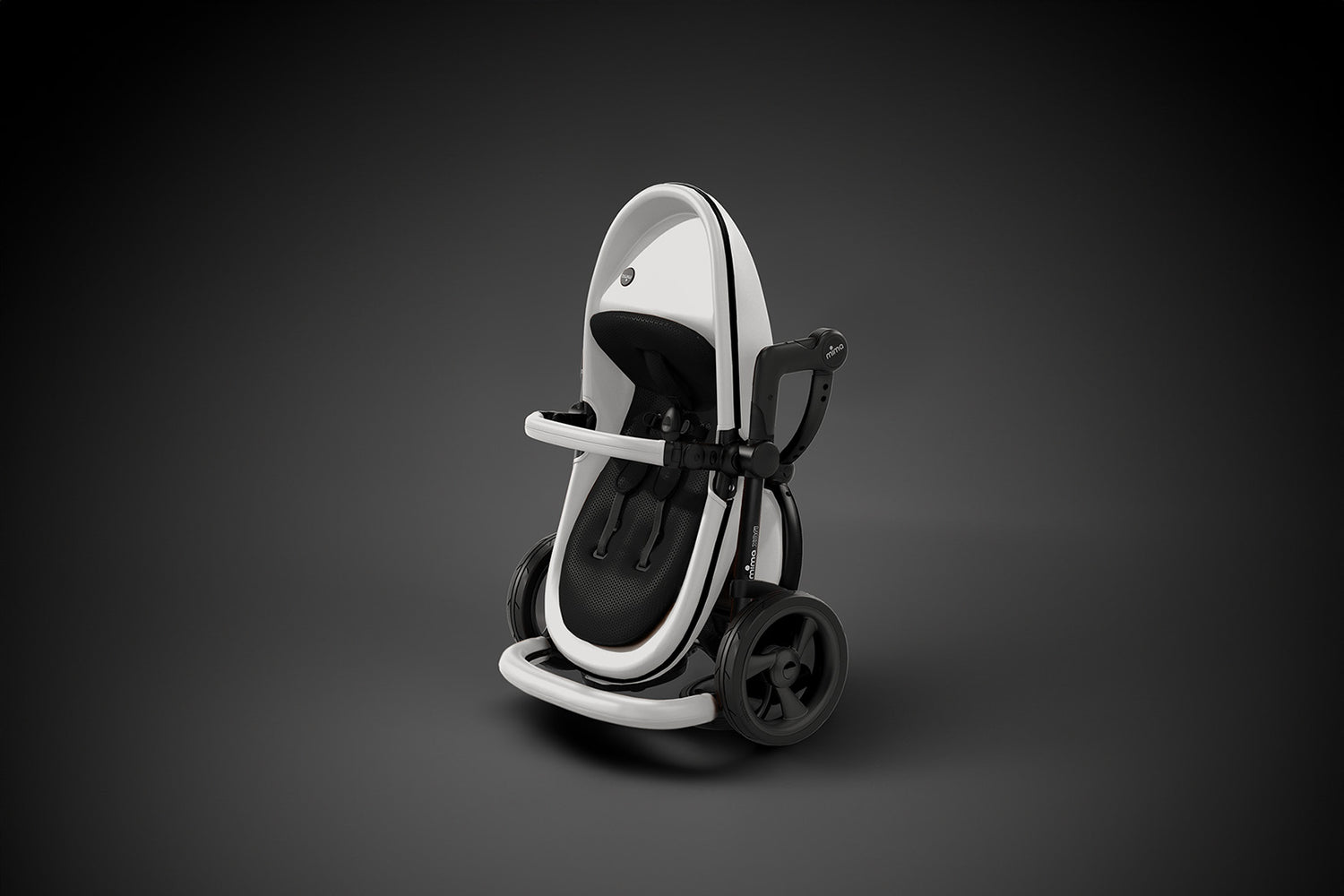 Snow White mima® xari  stroller, shown fully folded in a compact, upright position