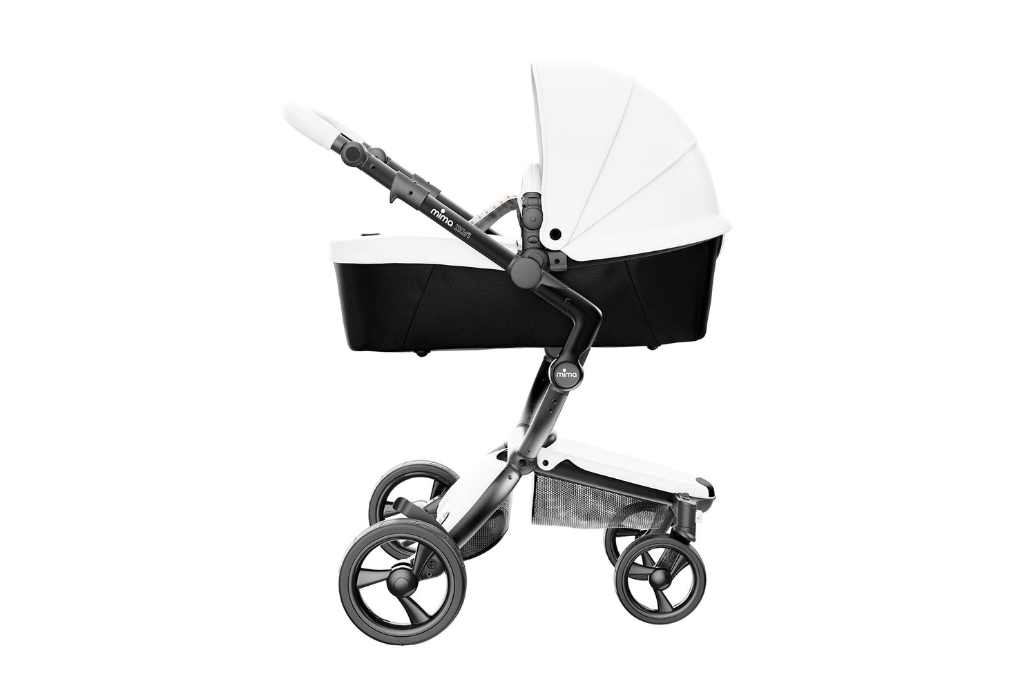 Snow White mima Xari stroller with bassinet, side view, durable with ample storage