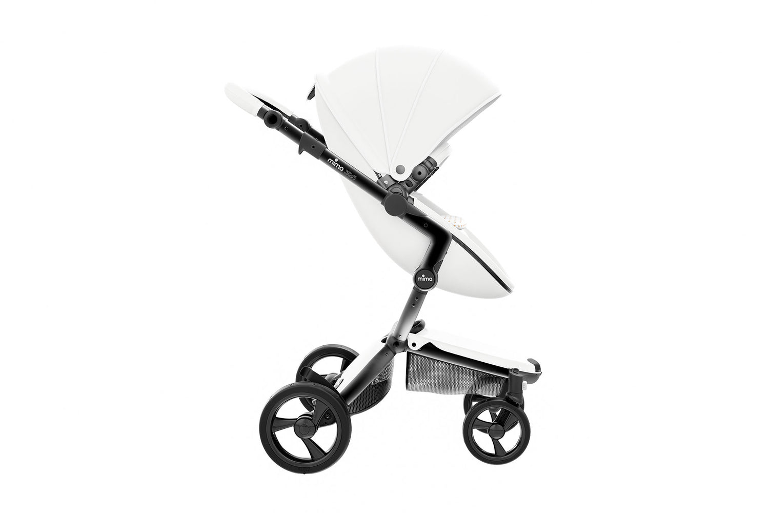 Snow White mima Xari stroller, with canopy, side view, stylish and adjustable comfort