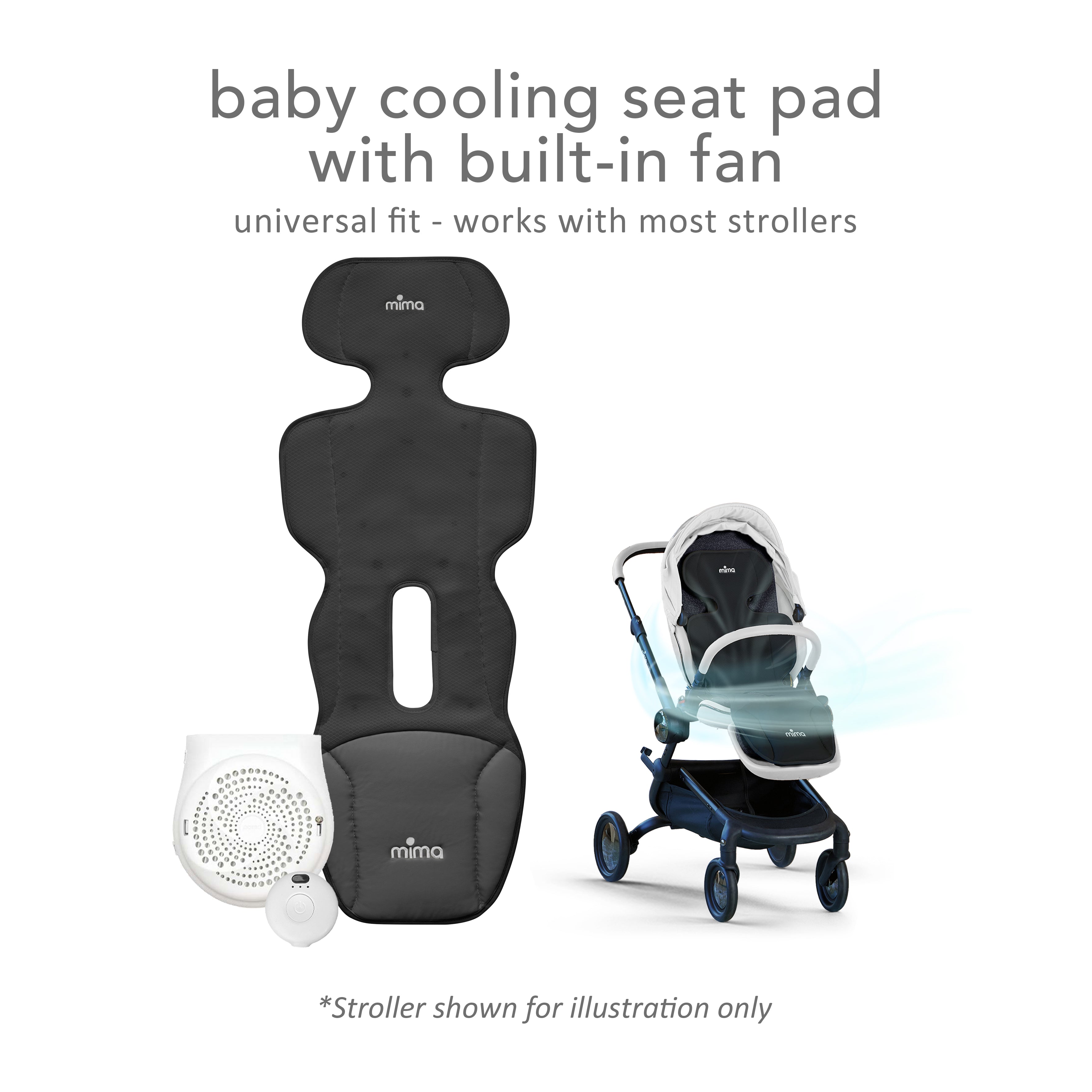 Mima® Flo Lollipop baby cooling seat pad with built-in fan, showing airflow effect, next to stroller with seat pad installed