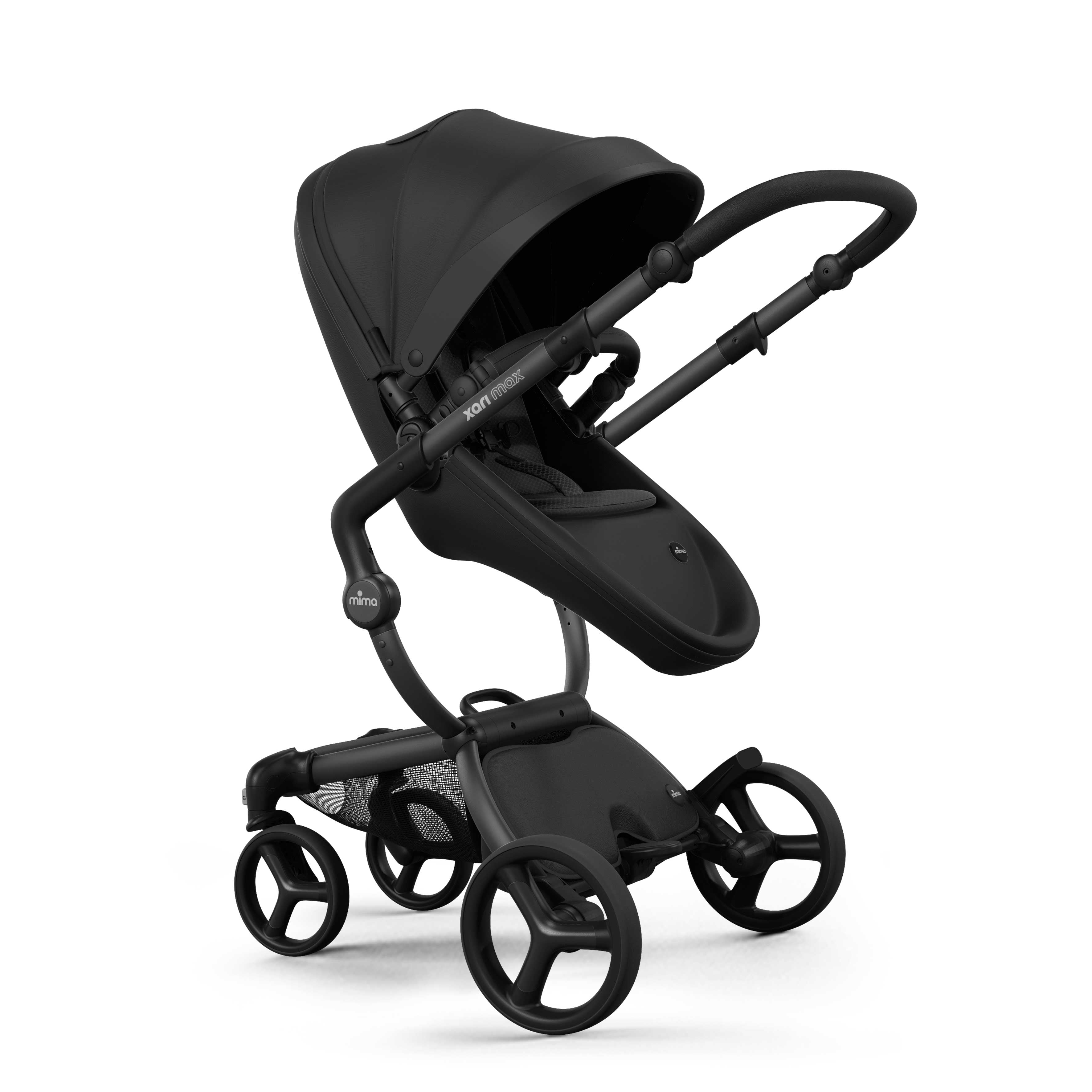 mima® xari max stroller, in black chassis, black seat and black seat pad, with canopy and safety bar, facing parents, left front-angle view, Mom&