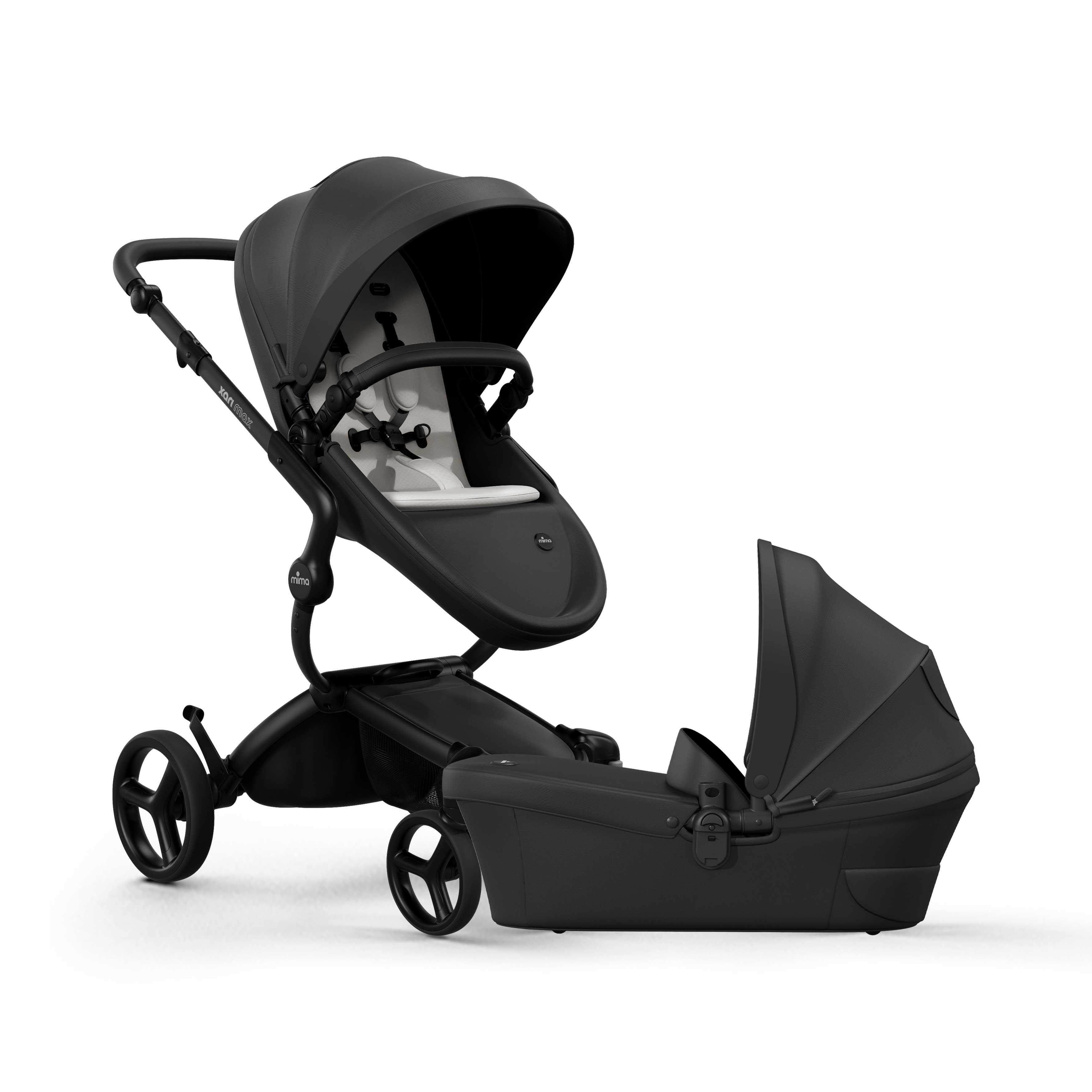 mima® xari max Stroller & Bassinet Collection, in black chassis, black seat and stone white seat pad