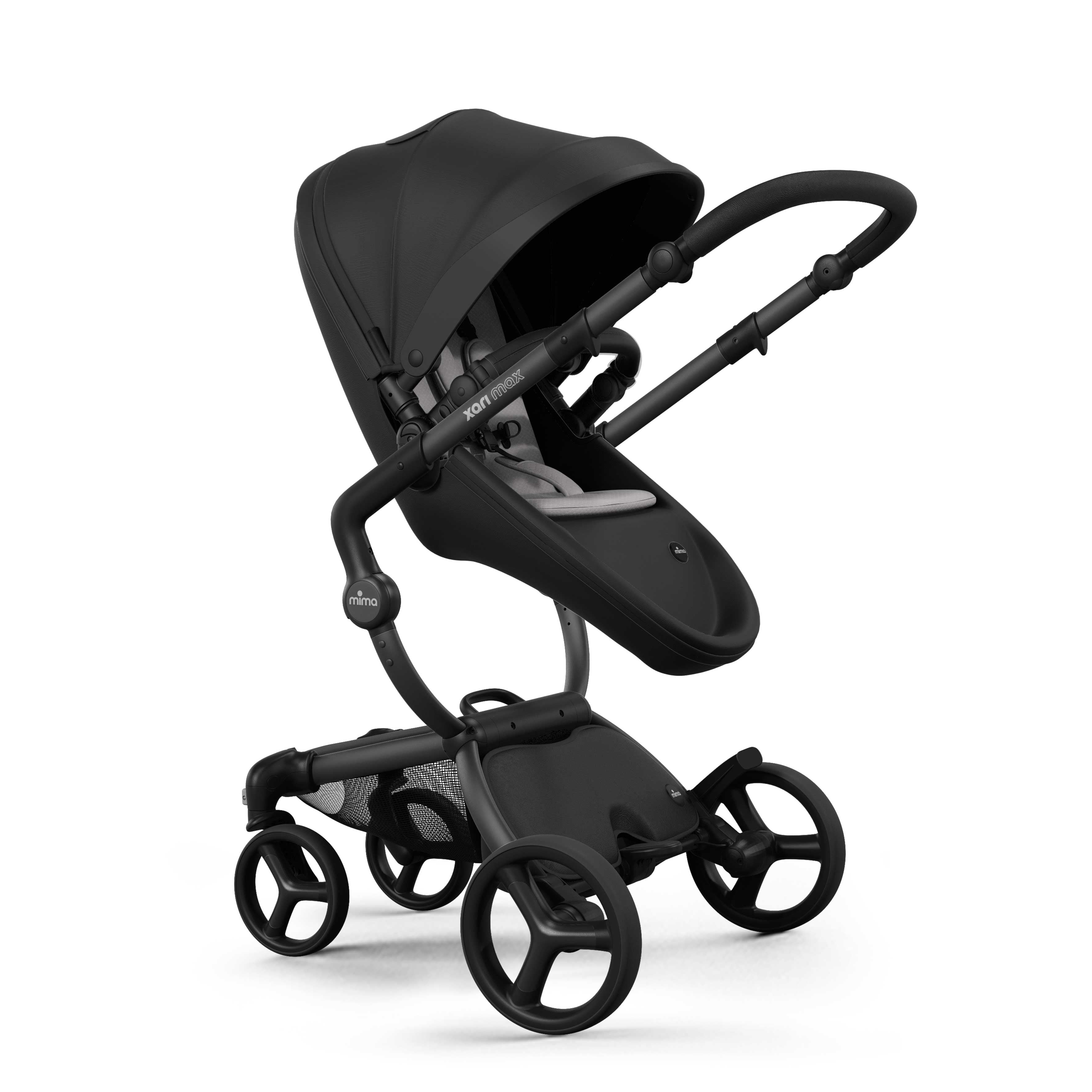 mima® xari max stroller, in black chassis, black seat and stone white seat pad, with canopy and safety bar, facing parents, left front-angle view, Mom&
