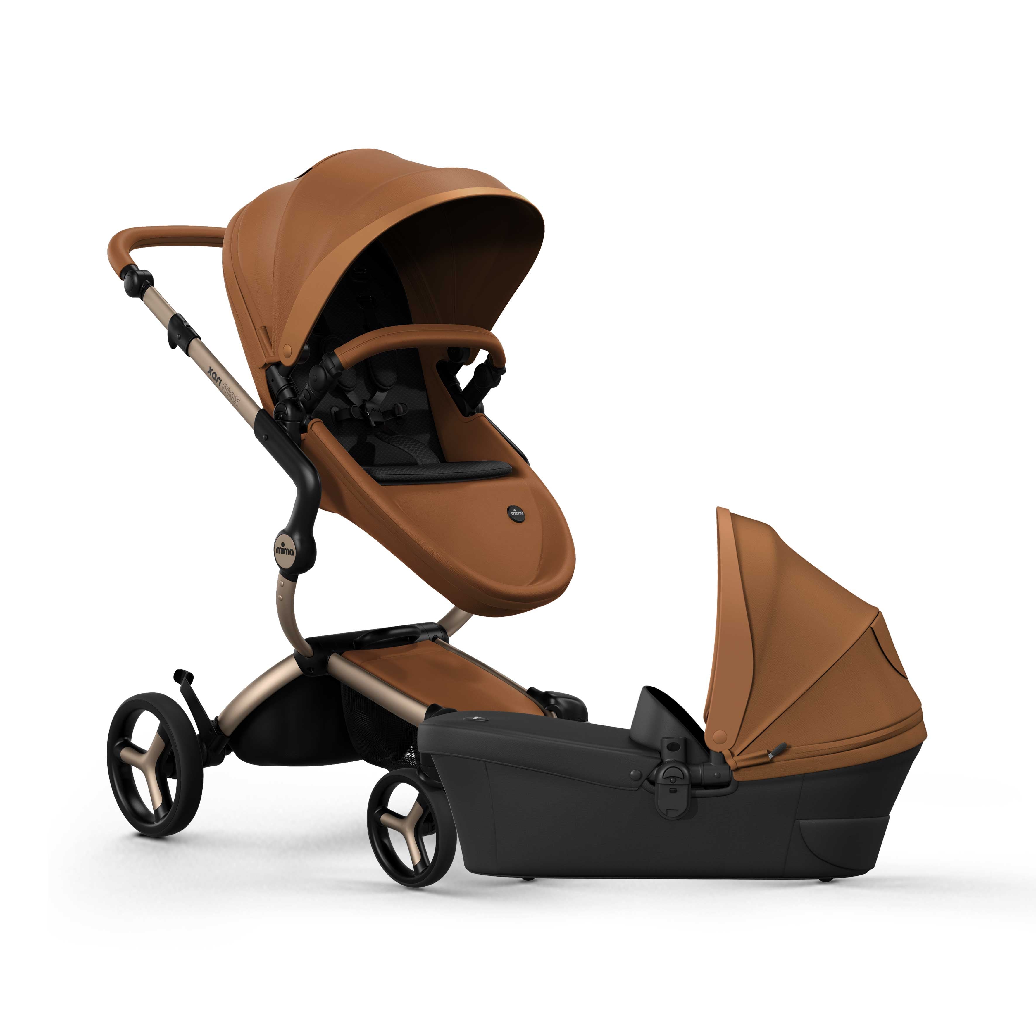 mima® xari max Stroller & Bassinet Collection, in champagne chassis, camel seat and black seat pad