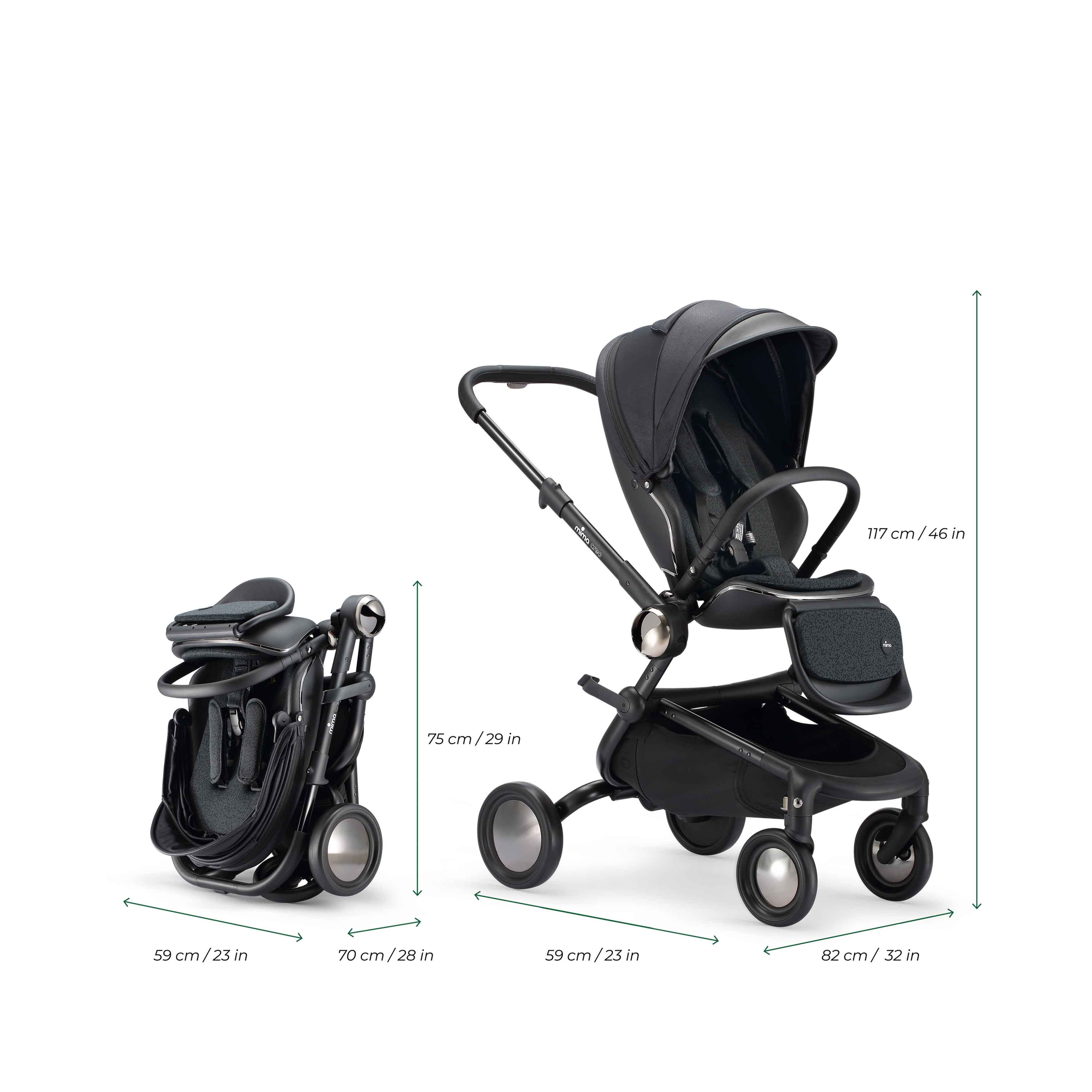 creo compact stroller in black folded and unfolded with dimensions