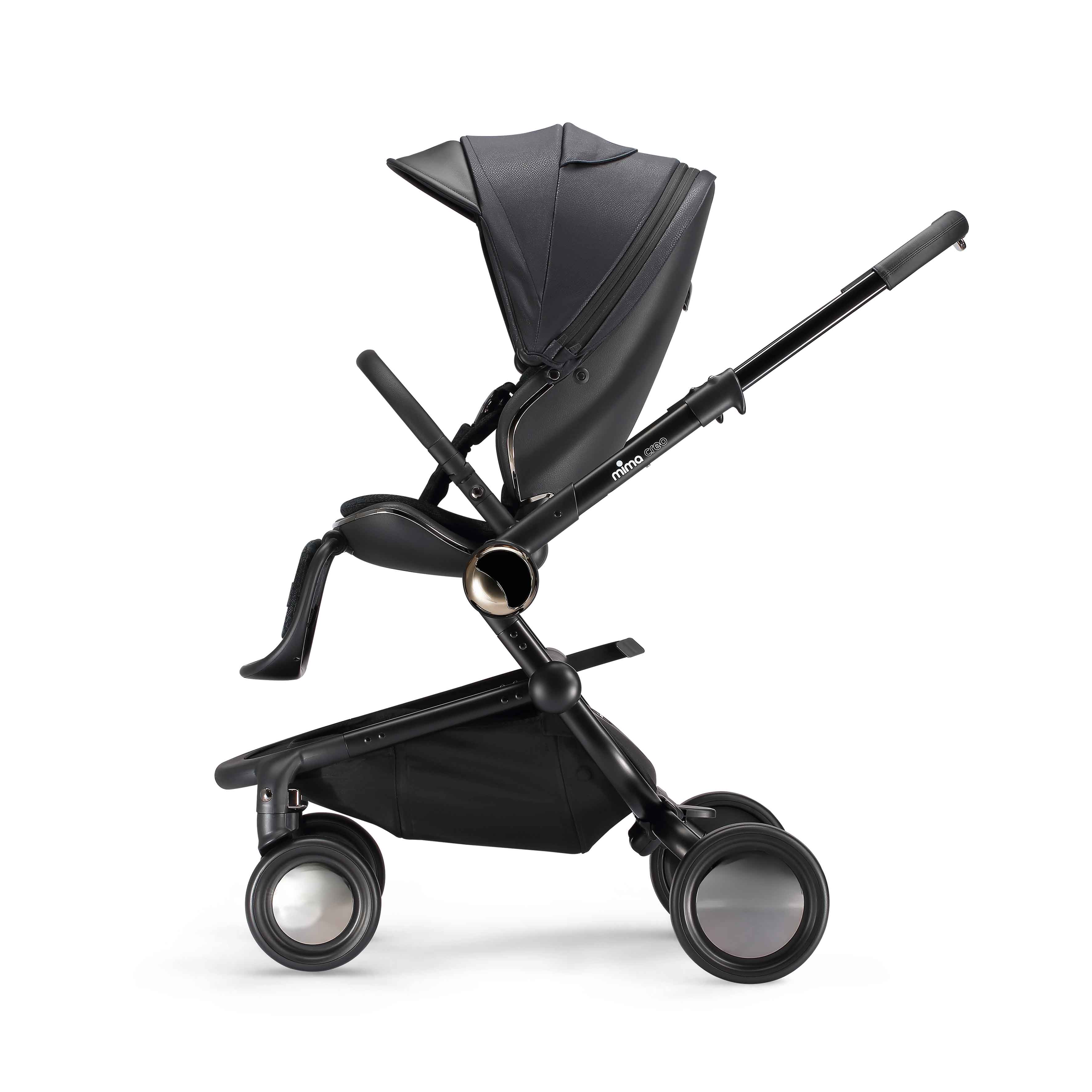 side view of mima creo stroller in black facing left
