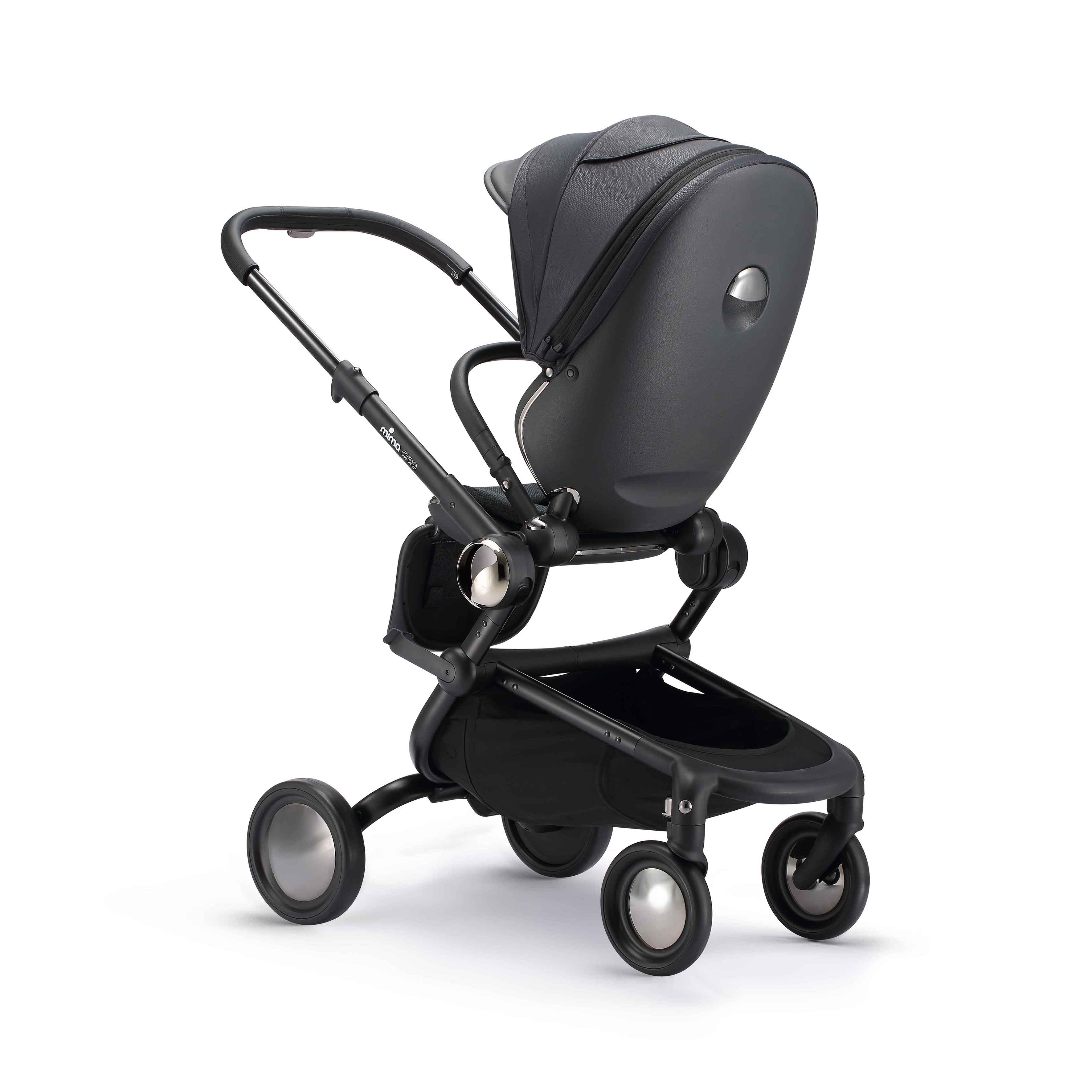 rear angled view of parent facing mima creo stroller in black