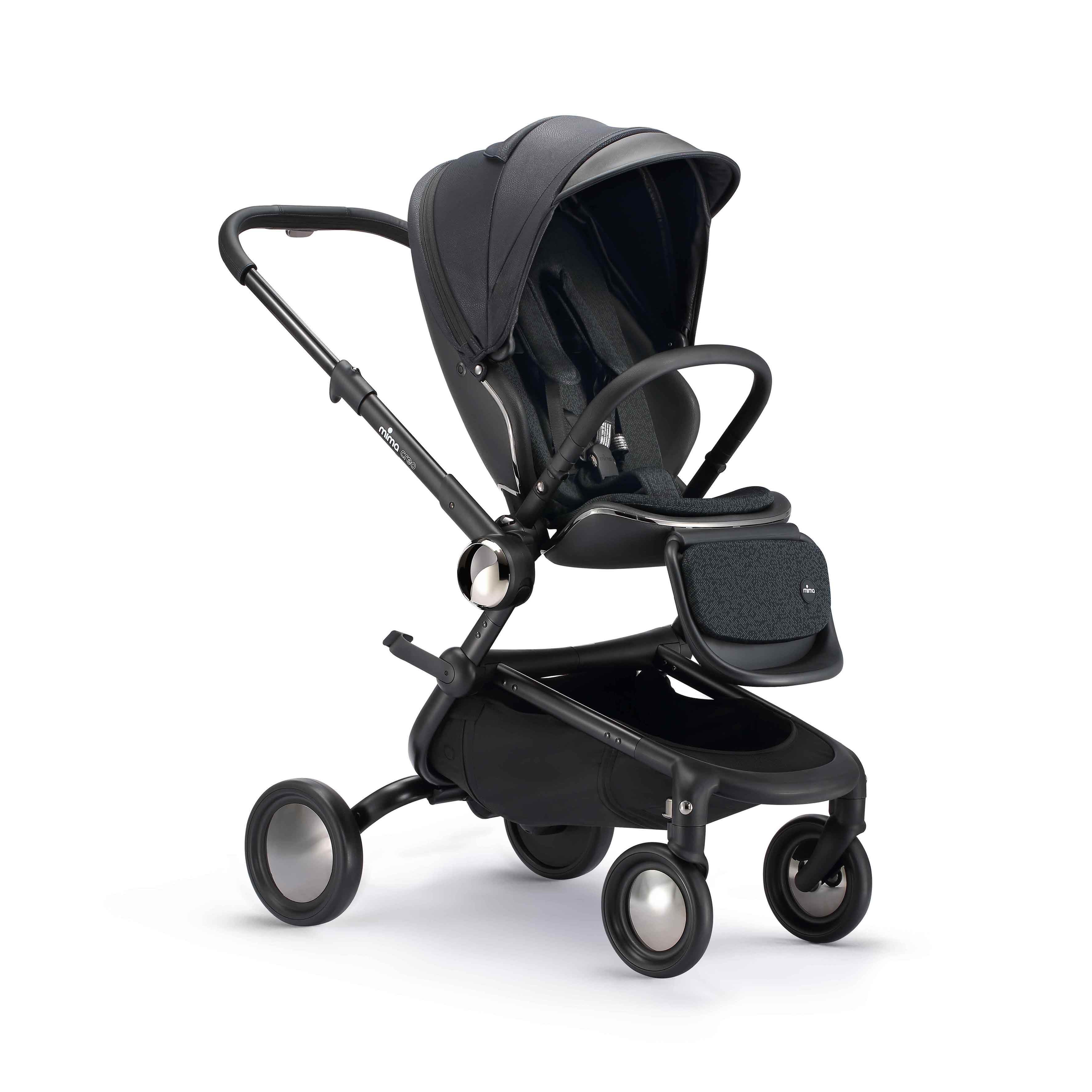 angled view of mima creo stroller in black