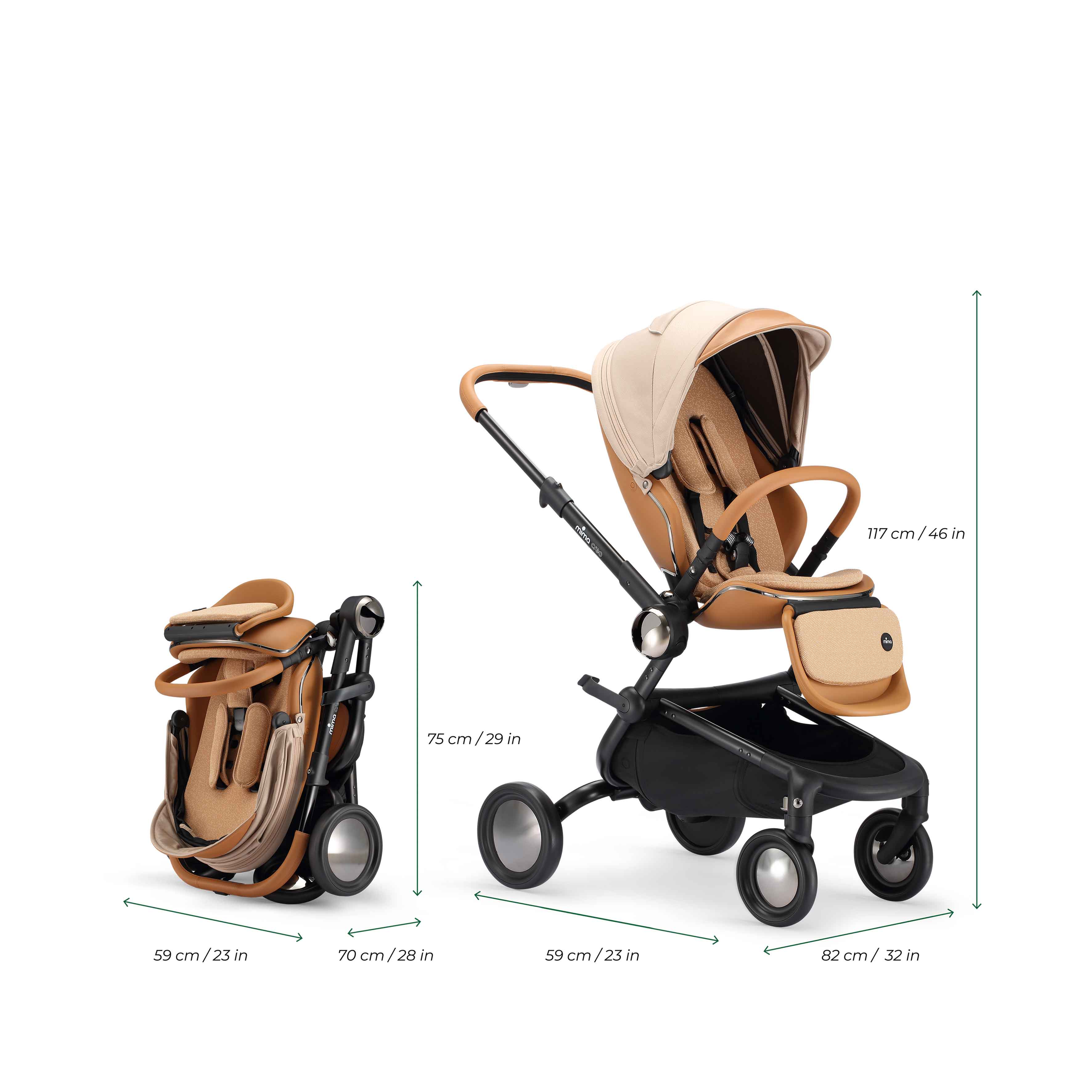 creo compact stroller in mocha cream folded and unfolded with dimensions