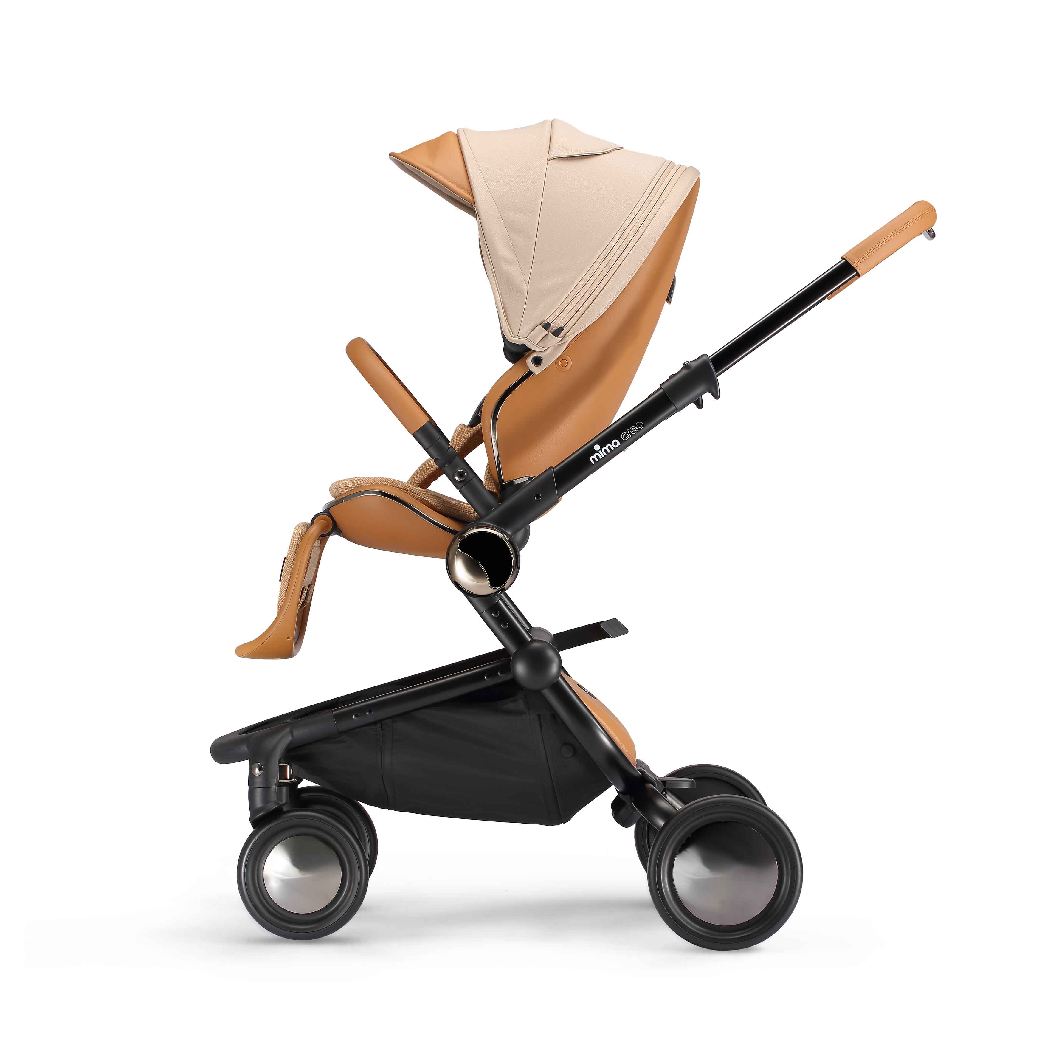 side view of mima creo stroller in mocha cream facing left