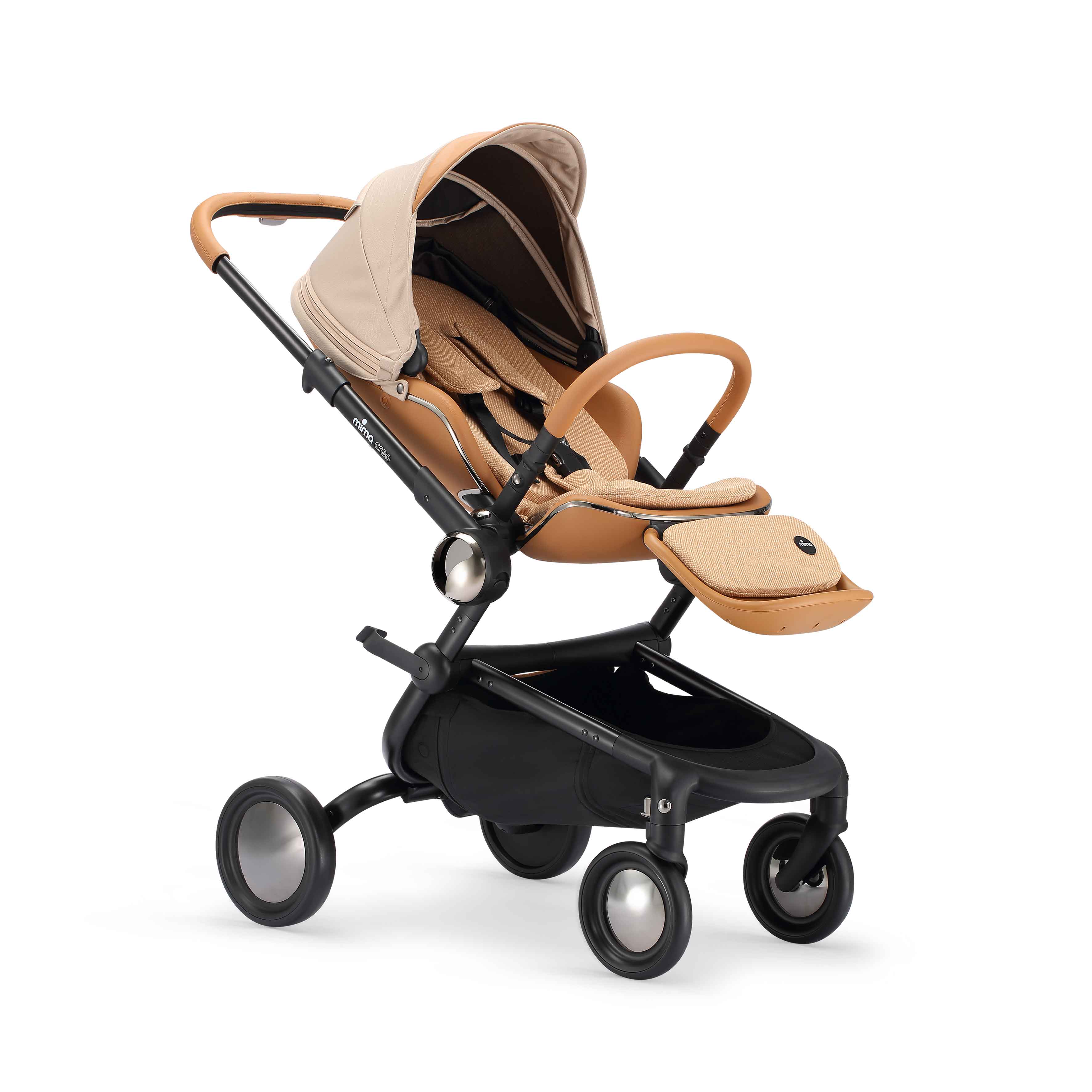 semi reclined mima creo compact stroller in mocha cream, angled view
