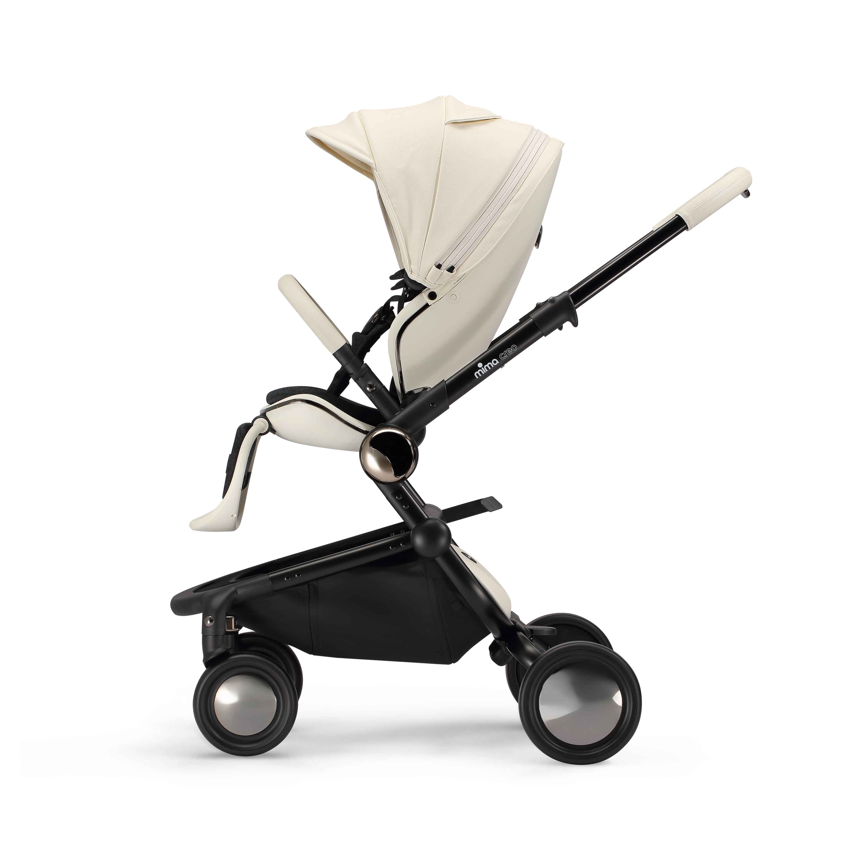 side view of mima creo stroller in white facing left