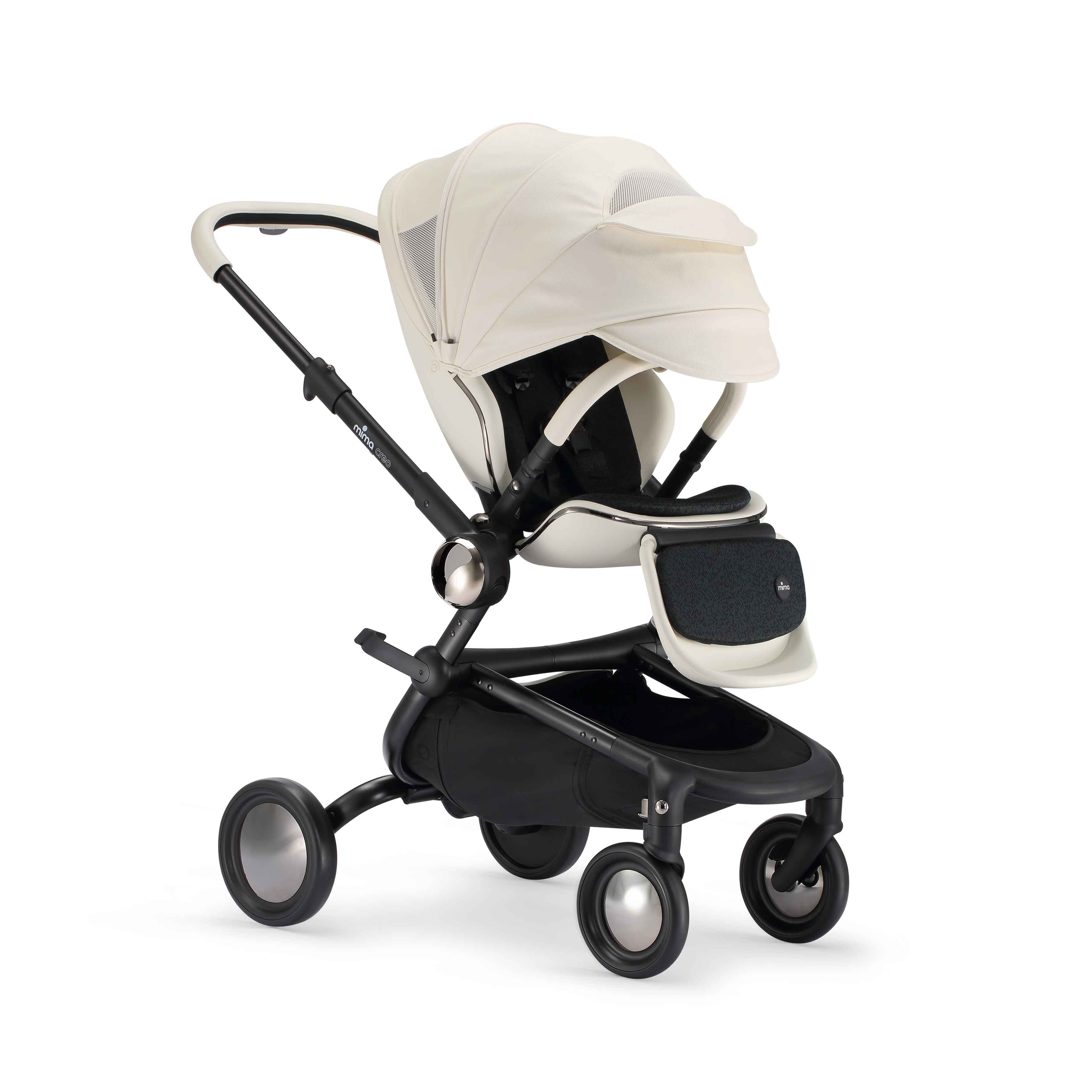 mima creo stroller in white with fully extended canopy and open window, angled view