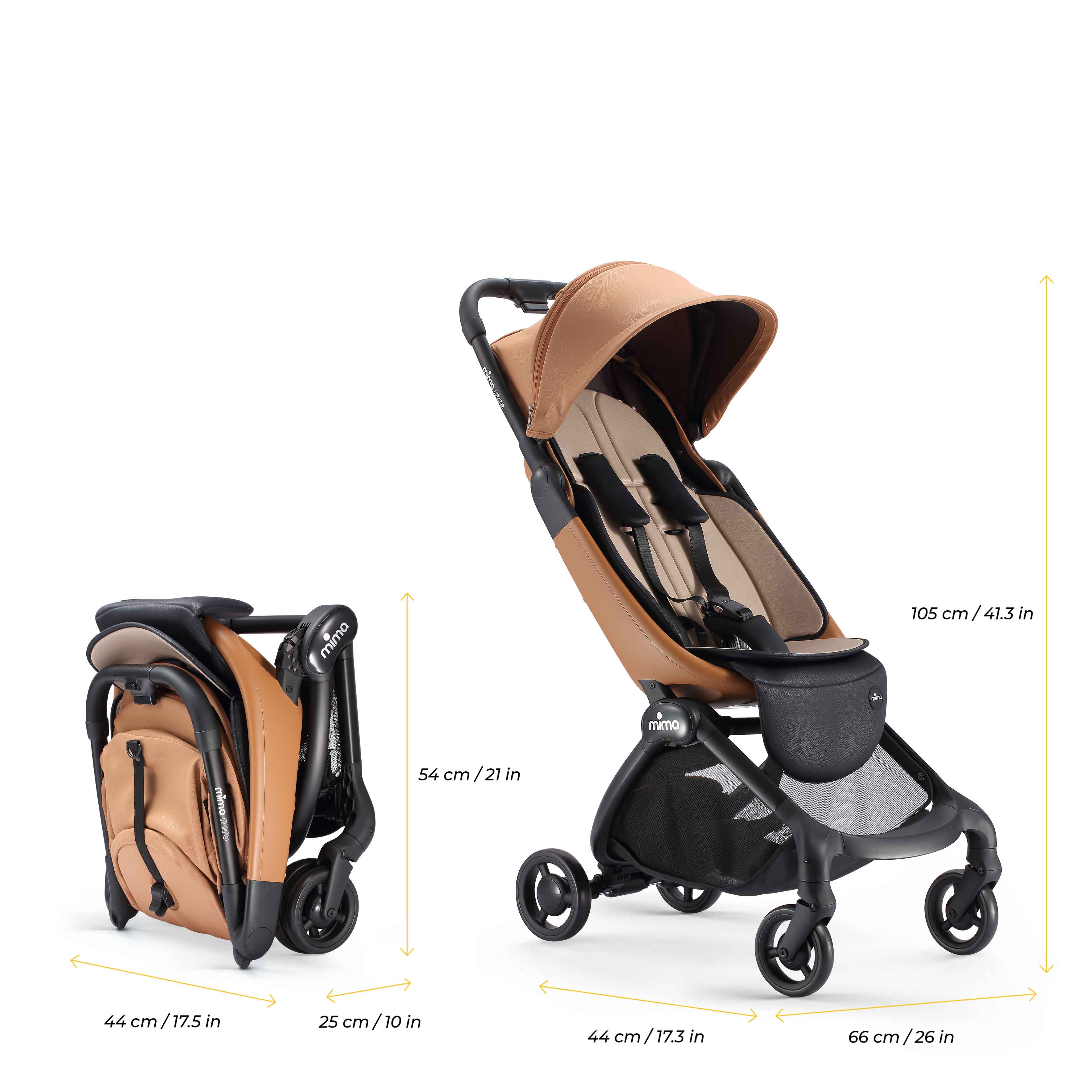 mima miro compact travel stroller in mocha cream folded and unfolded with dimensions