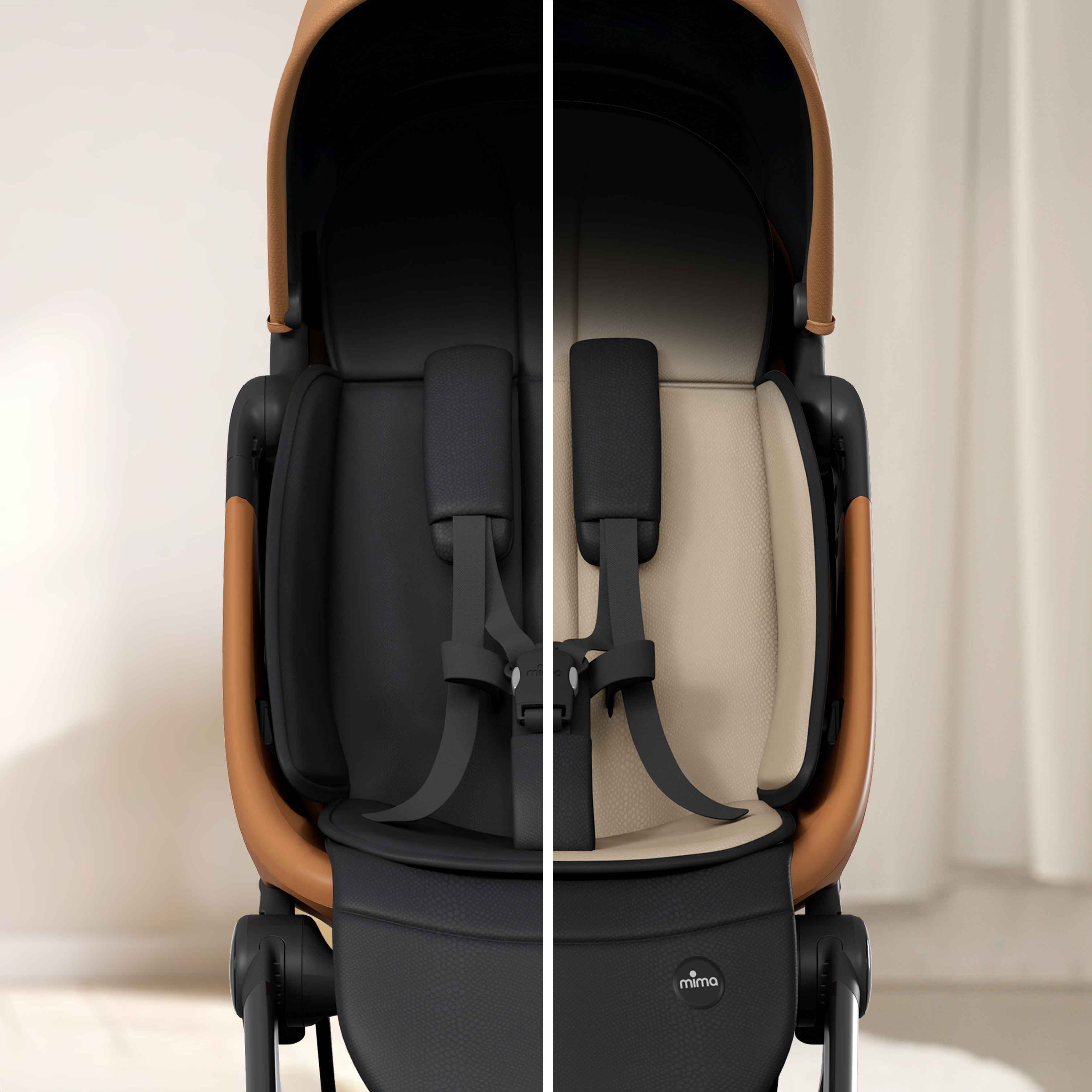 split view showing dark and light reversible seat pad on mima miro mocha cream stroller