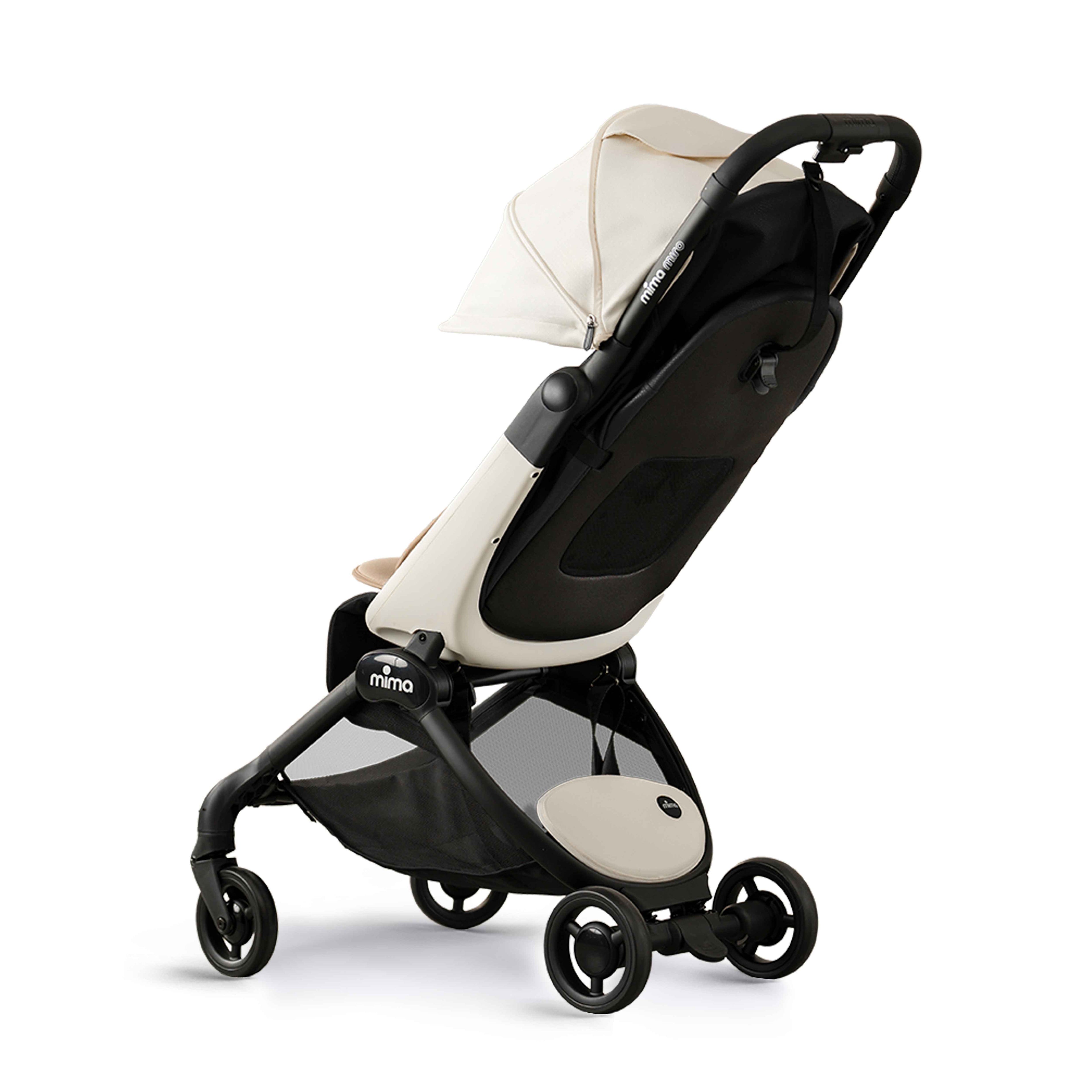 mima miro compact travel stroller in white with extended canopy, rear angled view