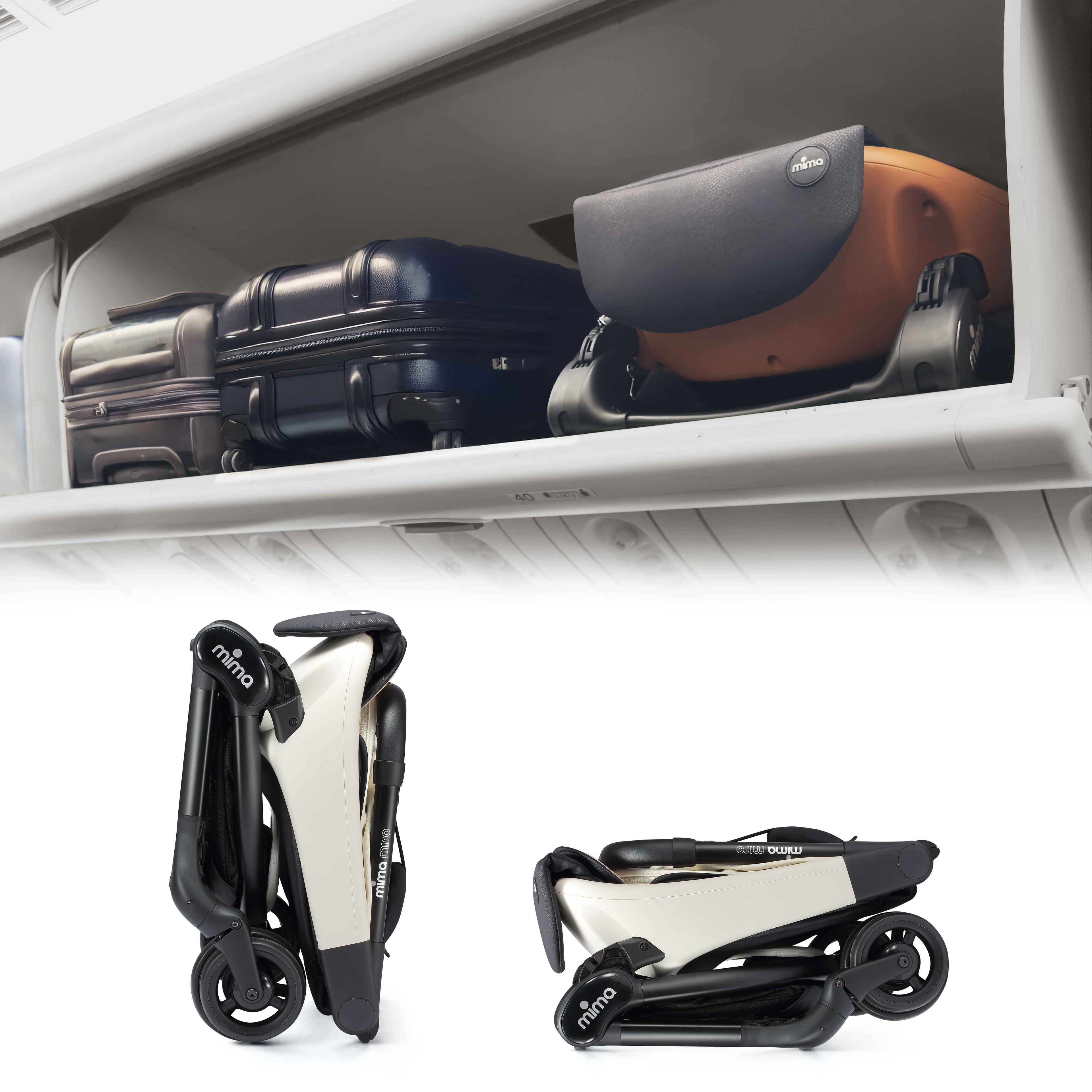 folded mima miro stroller in white inside an airplane overhead bin