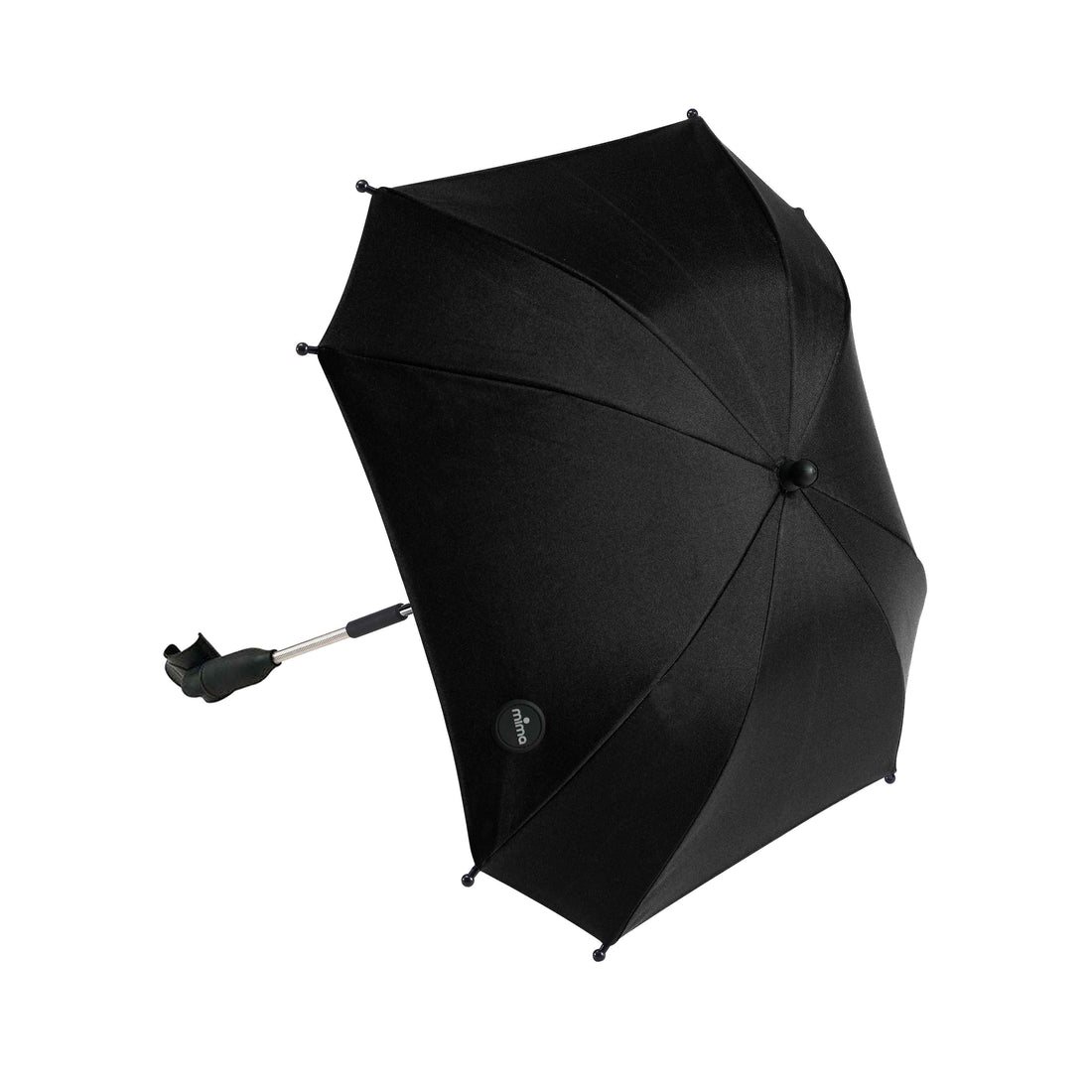 mima parasol in black with clip, angled view, UPF 50+ shade for baby